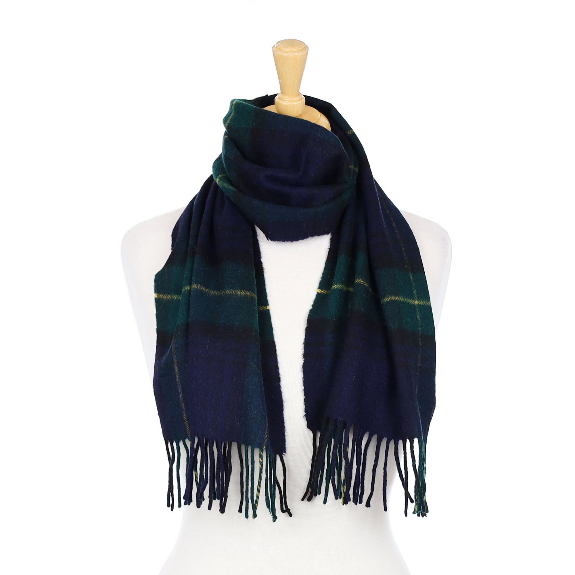 Navy & Green Check Cashmere Woven Scarf