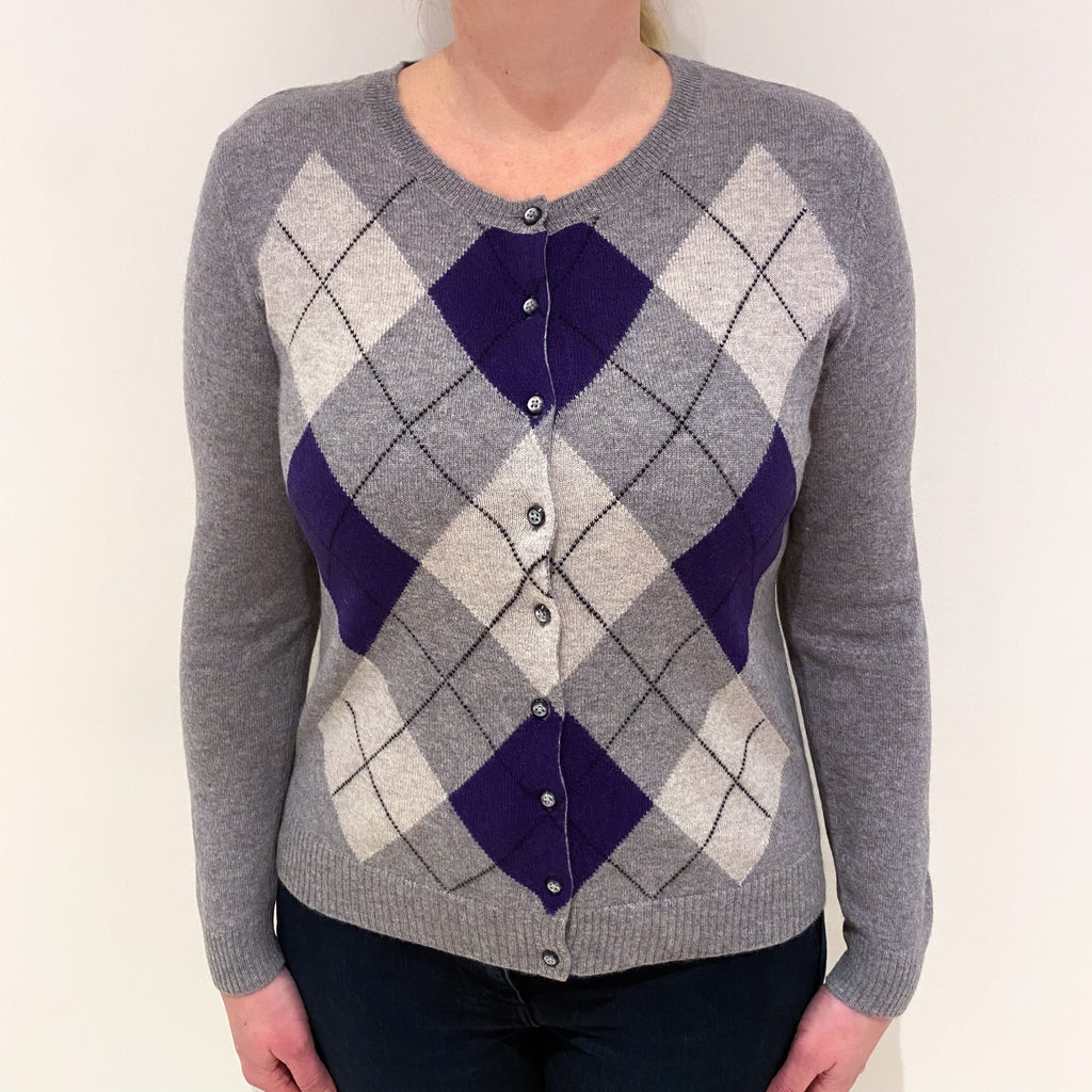 Grey Purple Argyle Cashmere Crew Neck Cardigan Large