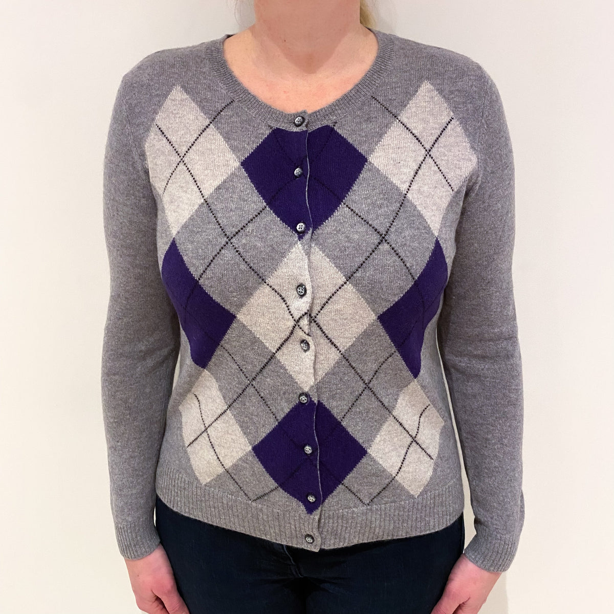 Grey Purple Argyle Cashmere Crew Neck Cardigan Large