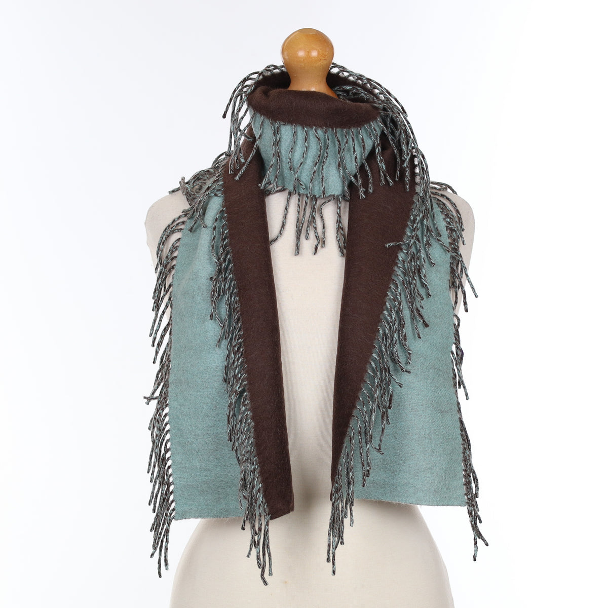 Mint And Brown Fringed Cashmere Woven Scarf