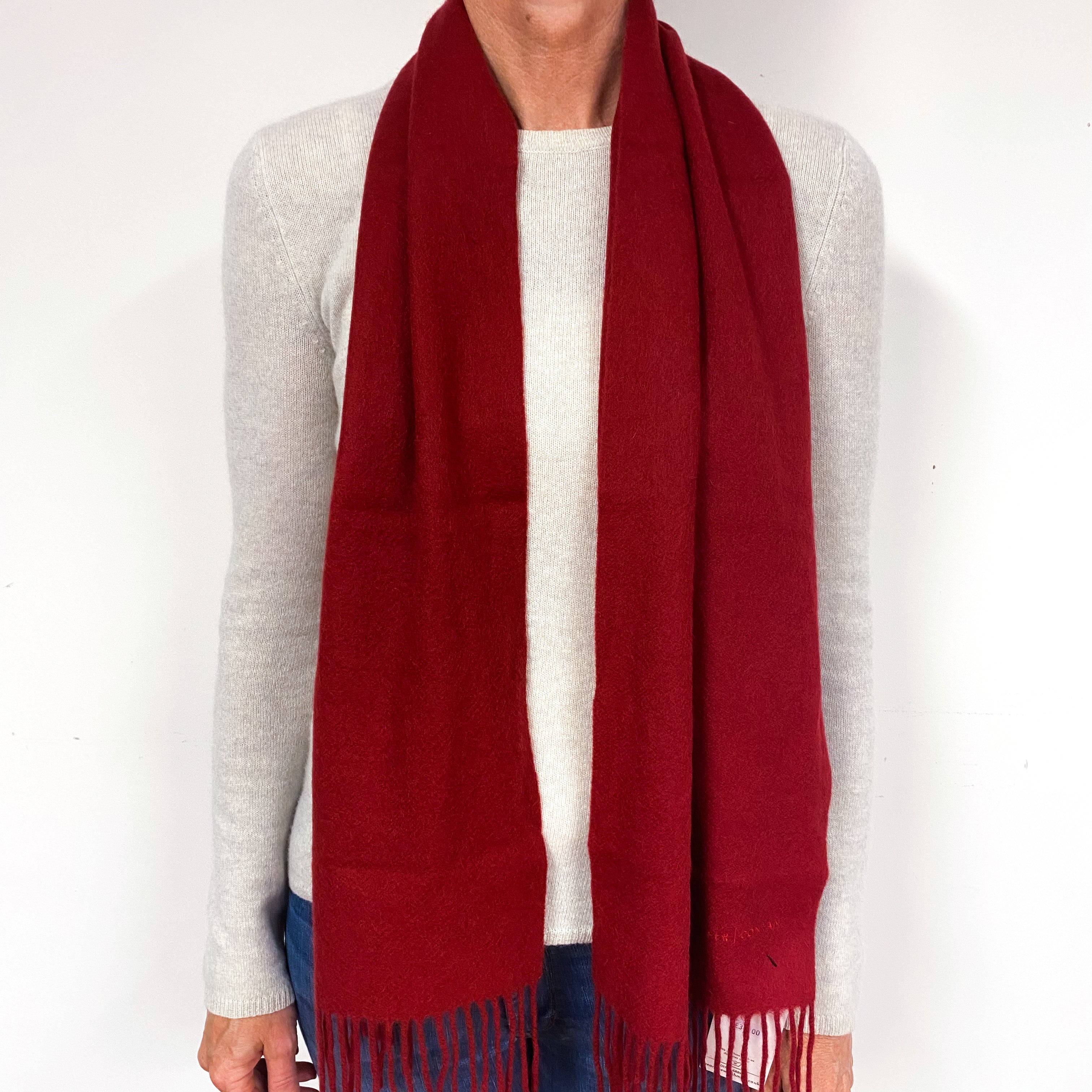 Crimson Red Fringed Cashmere Woven Scarf