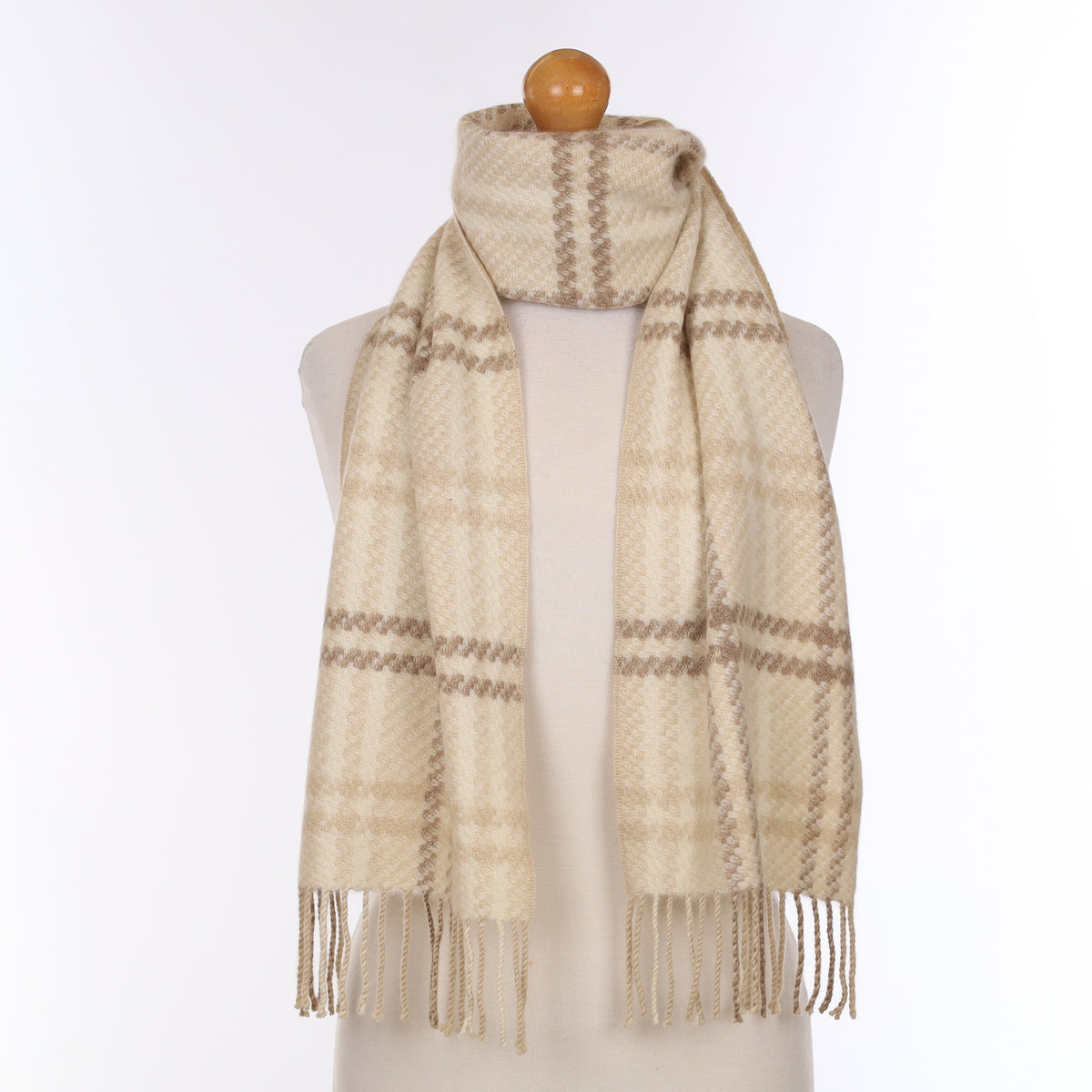 Beige And Cream Checked Cashmere Woven Scarf