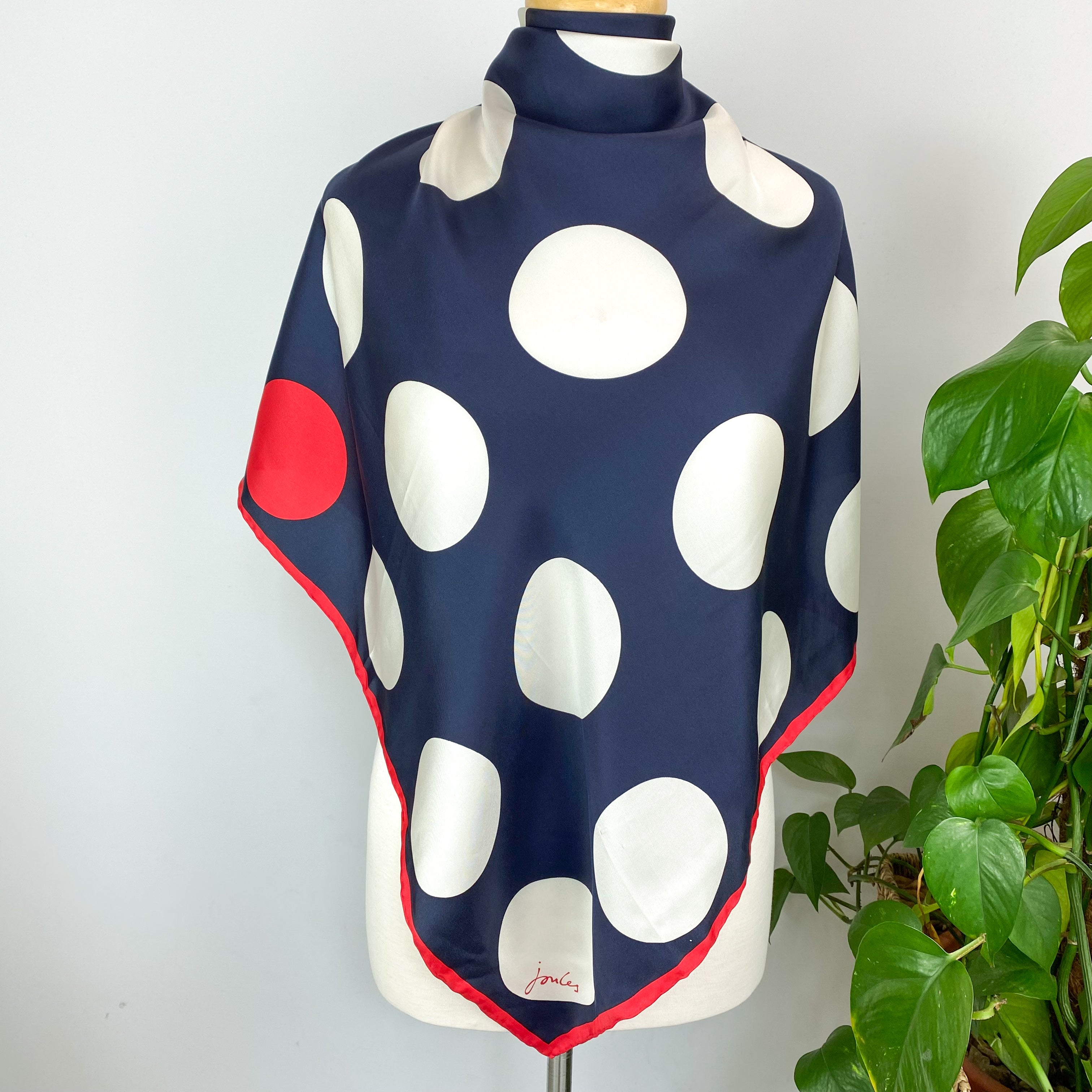 Navy and White Spotted Joules Silk Scarf