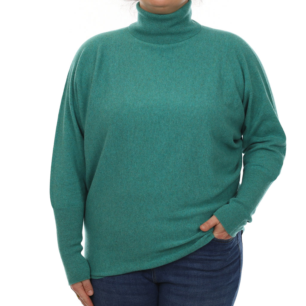 Brand New Scottish Turquoise Green Cashmere Batwing Polo Neck Jumper Large