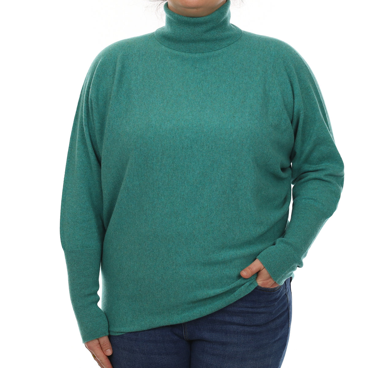 Brand New Scottish Turquoise Green Cashmere Batwing Polo Neck Jumper Large
