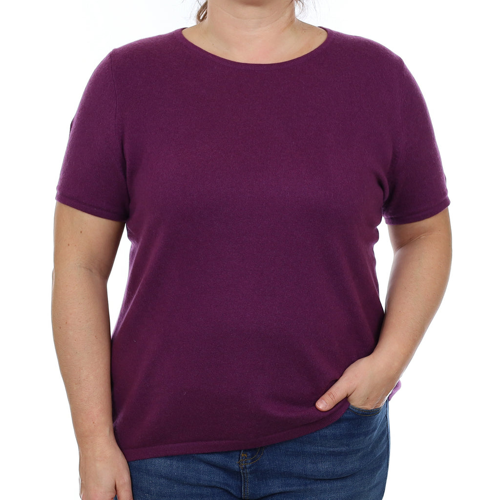 Blackberry Purple Cashmere Short Sleeved Crew Neck Jumper Large