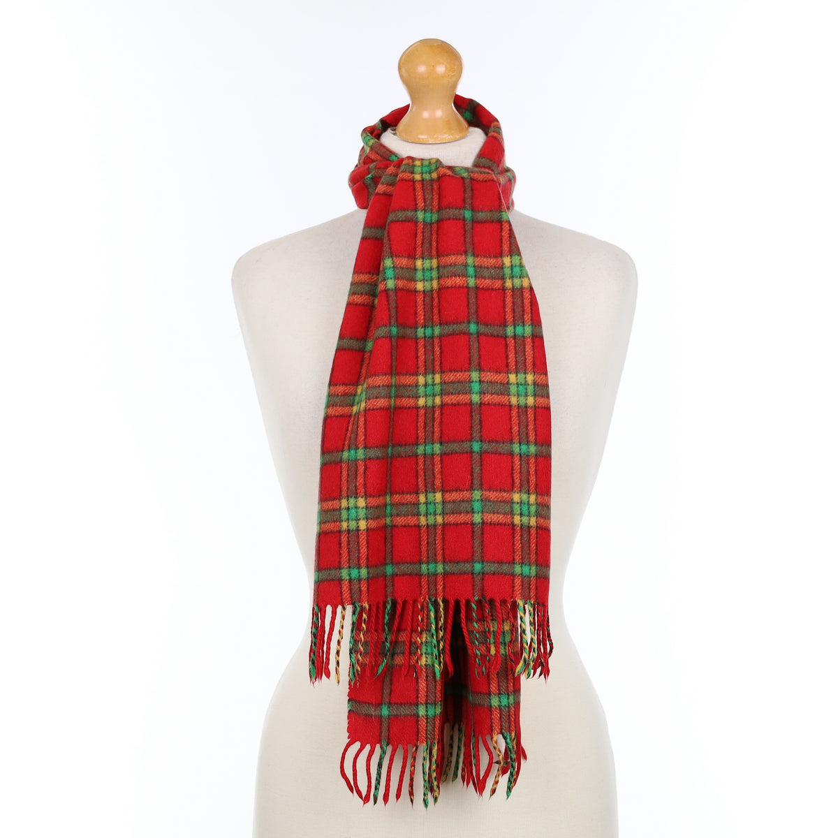 Red and Jade Green Checked Cashmere Woven Scarf
