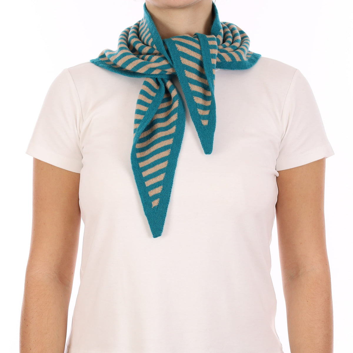 Brand New Teal and Caramel Stripe Recycled Cashmere Triangle Scarf