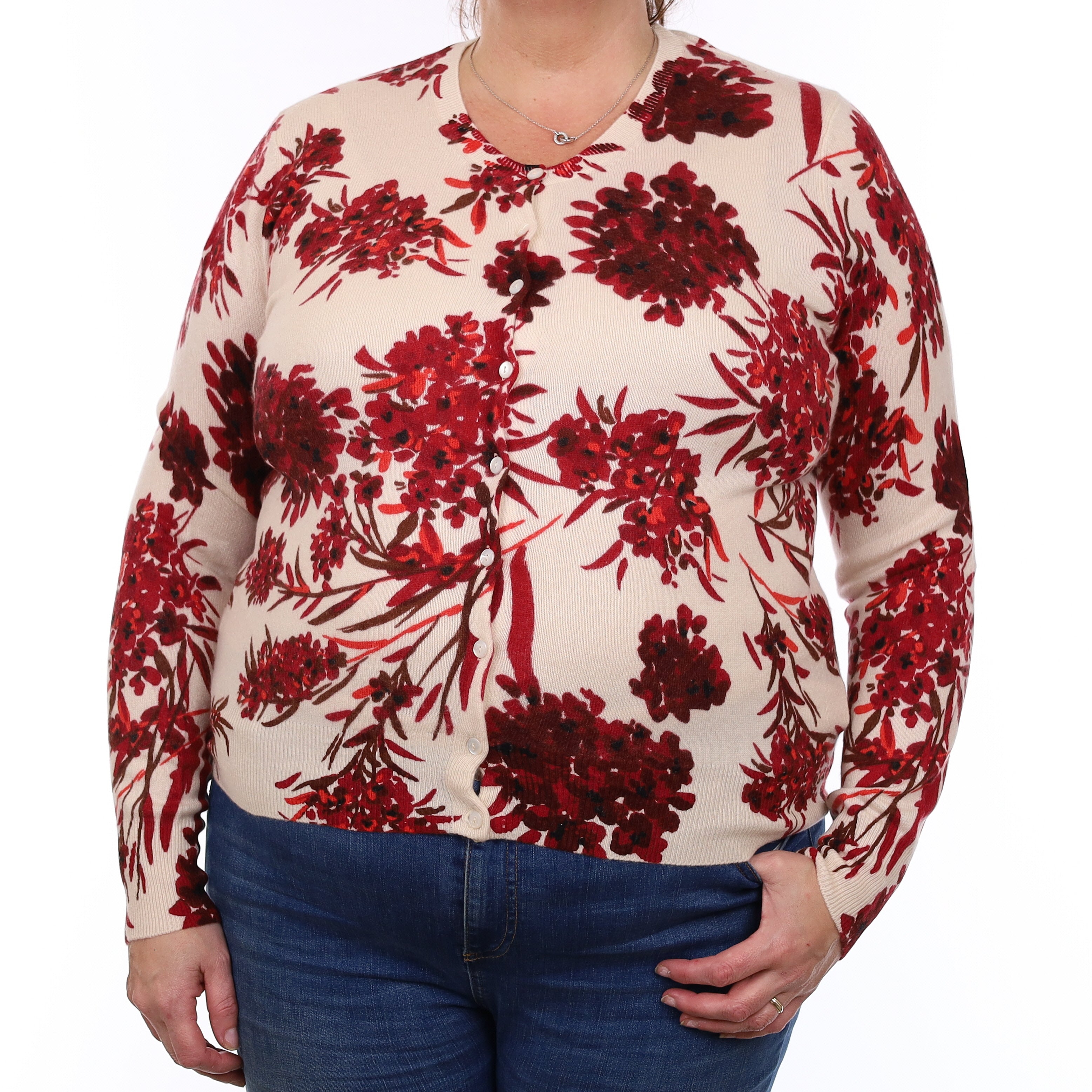 Ivory and Red Floral Cashmere Crew Neck Cardigan Extra Large