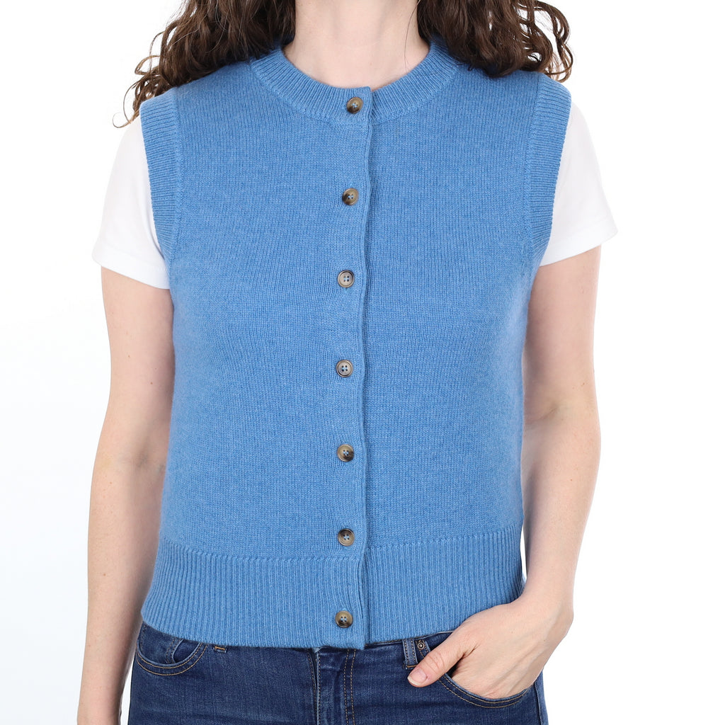 Brand New Mediterranean Blue Luxury Cashmere Crew Neck Waistcoat Small UK 8-10