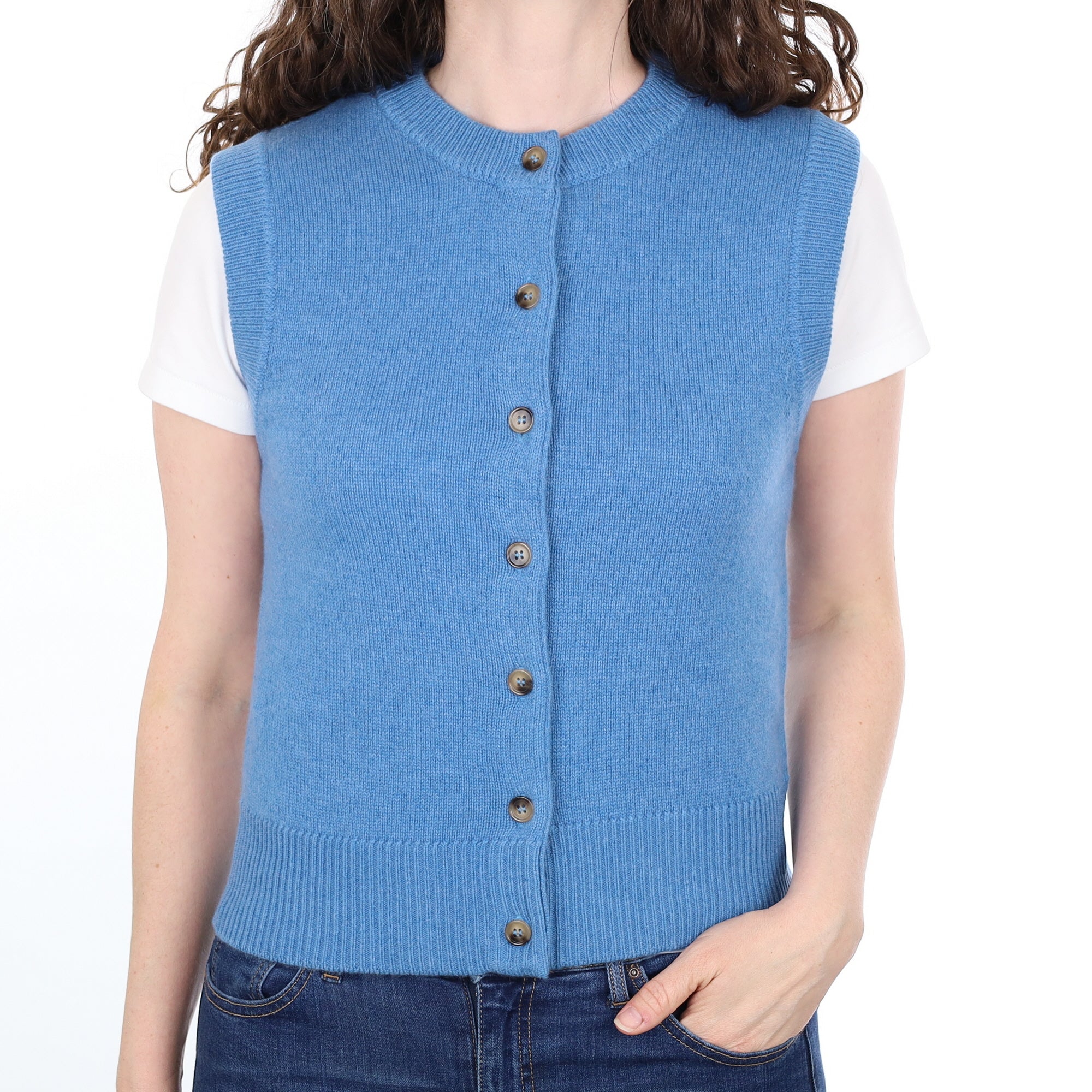Brand New Mediterranean Blue Luxury Cashmere Crew Neck Waistcoat Small UK 8-10