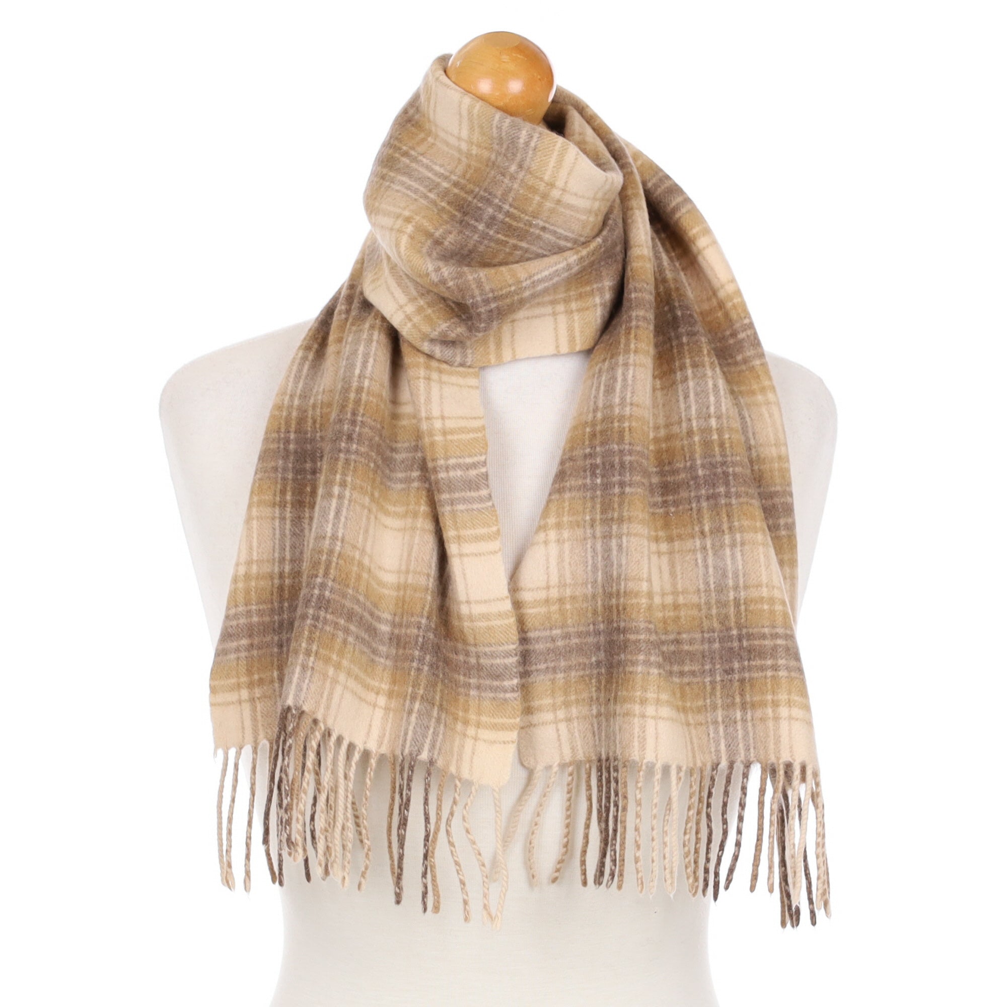 Caramel and Beige Check Cashmere Fringed Woven Scarf