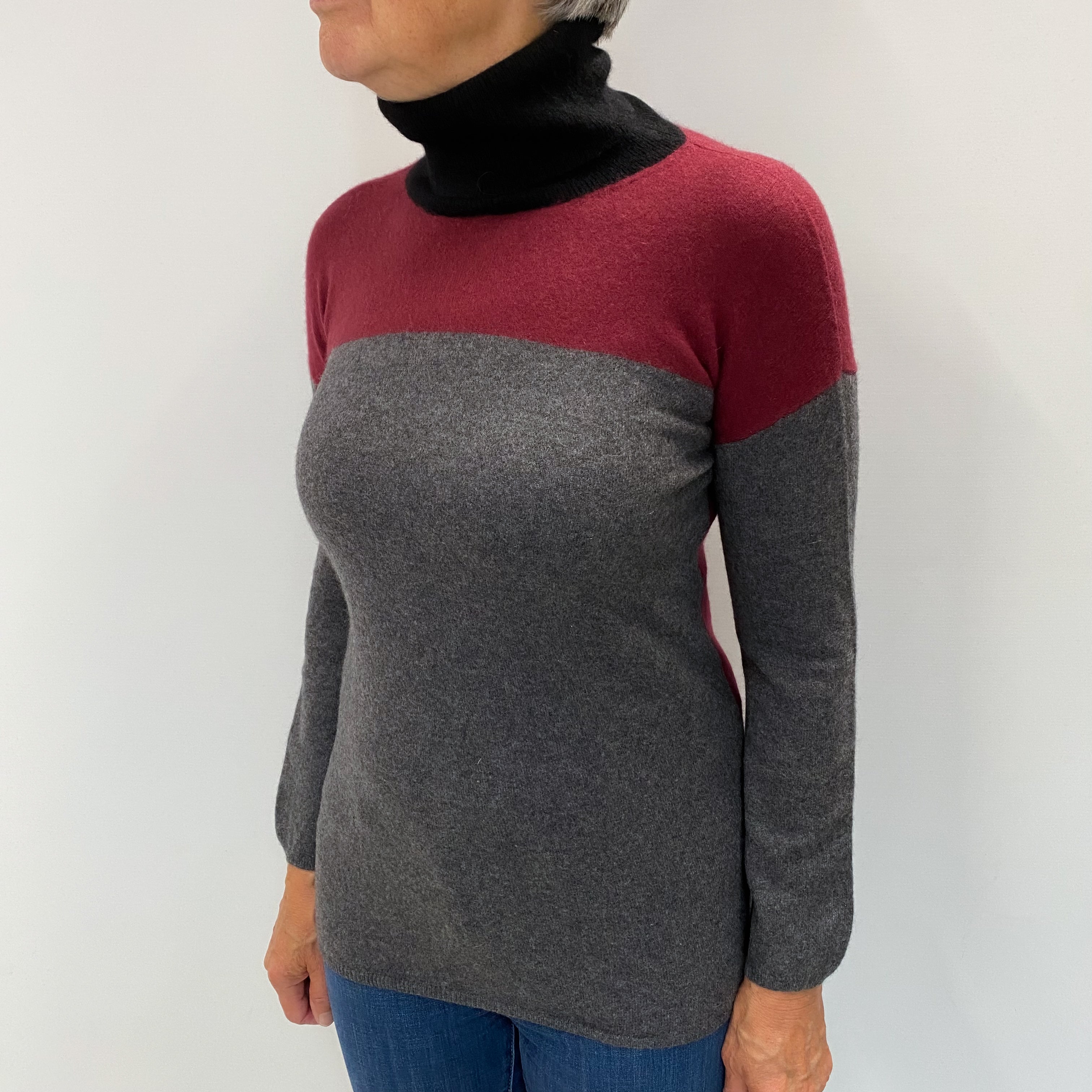 Burgundy and Grey Cashmere Polo Neck Jumper Medium