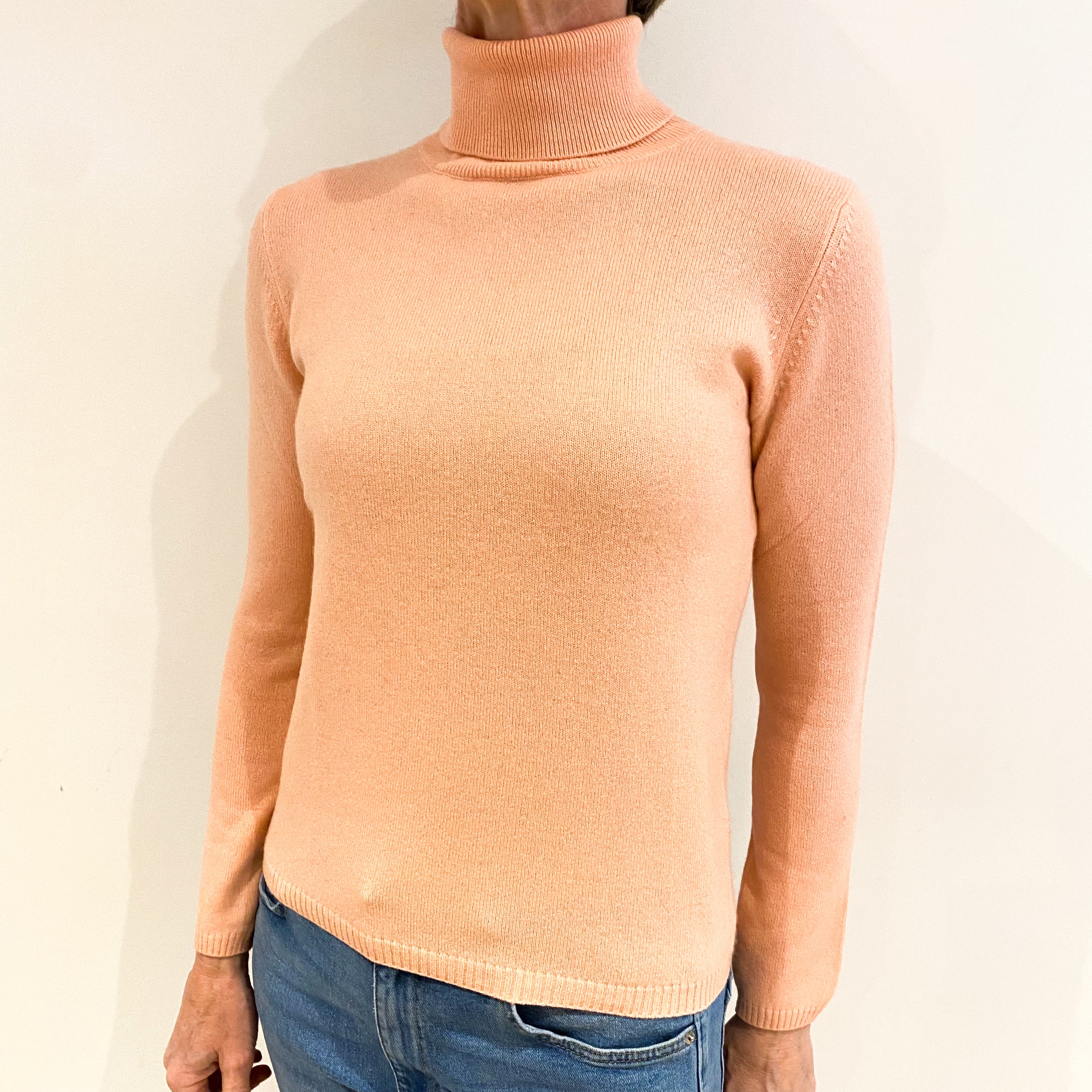 Light Peach Pink Cashmere Polo Neck Jumper Small