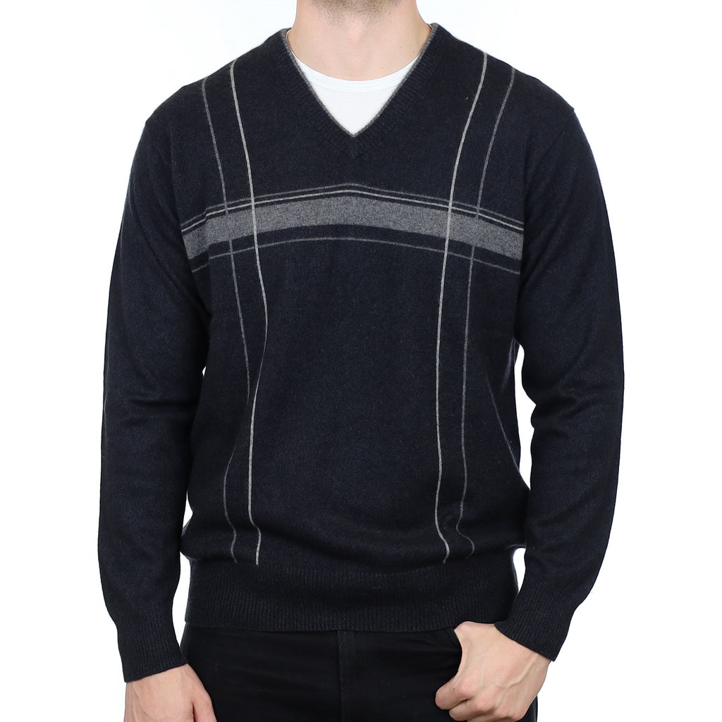 Men’s Charcoal Grey Patterned Cashmere V Neck Jumper XL