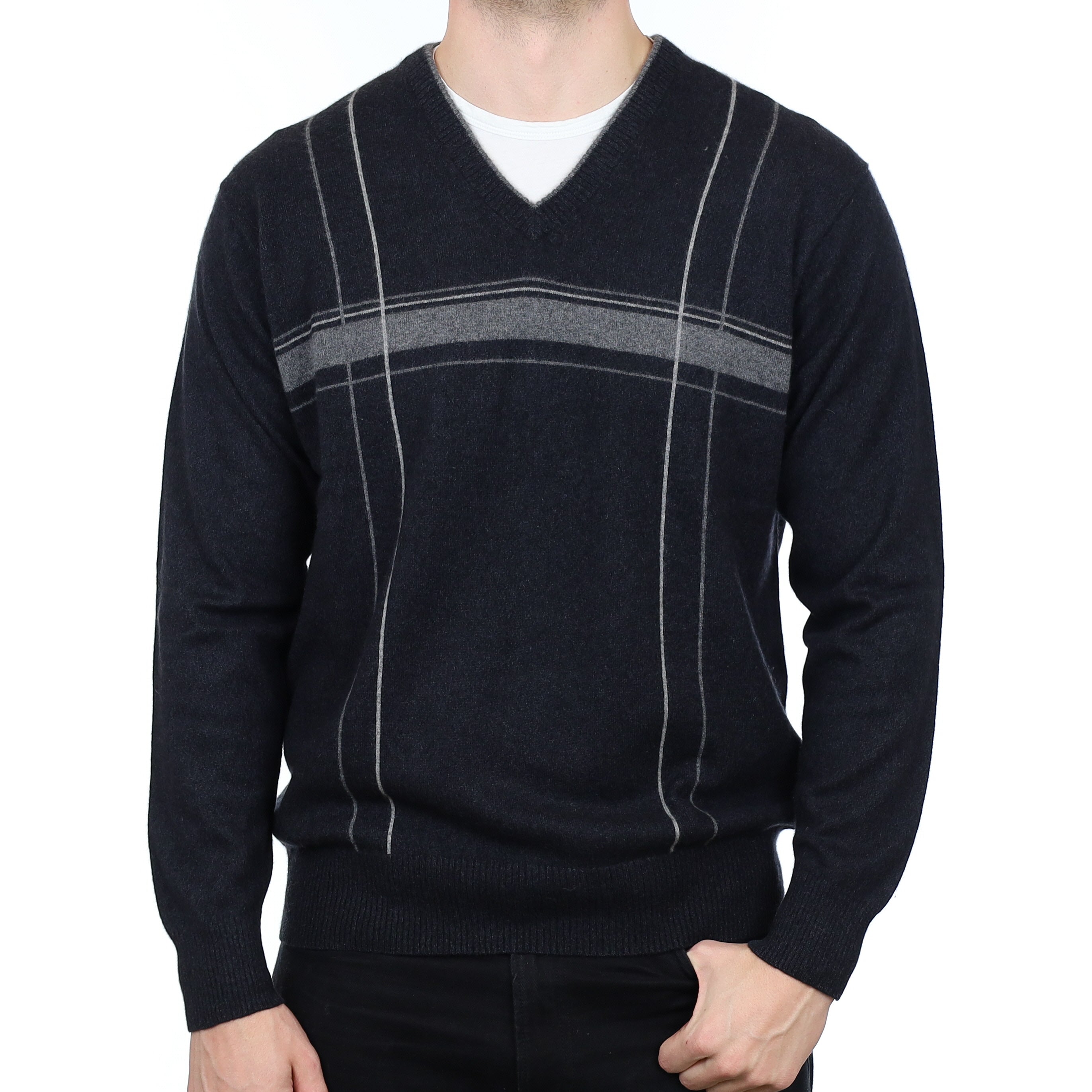 Men’s Charcoal Grey Patterned Cashmere V Neck Jumper XL