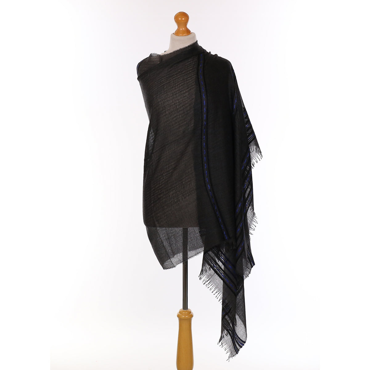 Brand New Begg & Co Graphite Grey and Cobalt Cashmere Woven Wrap