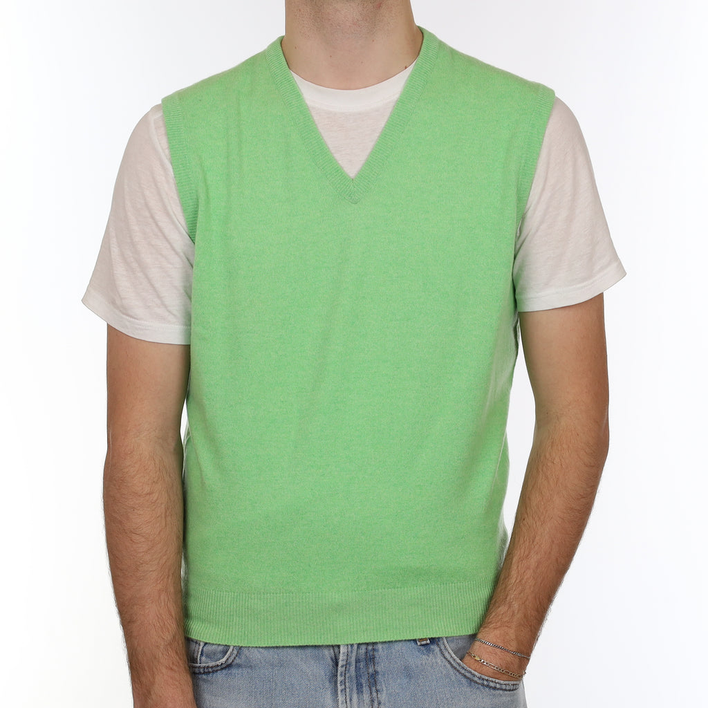 Men's Brand New Scottish Neon Green Cashmere V Neck Tank Top Medium