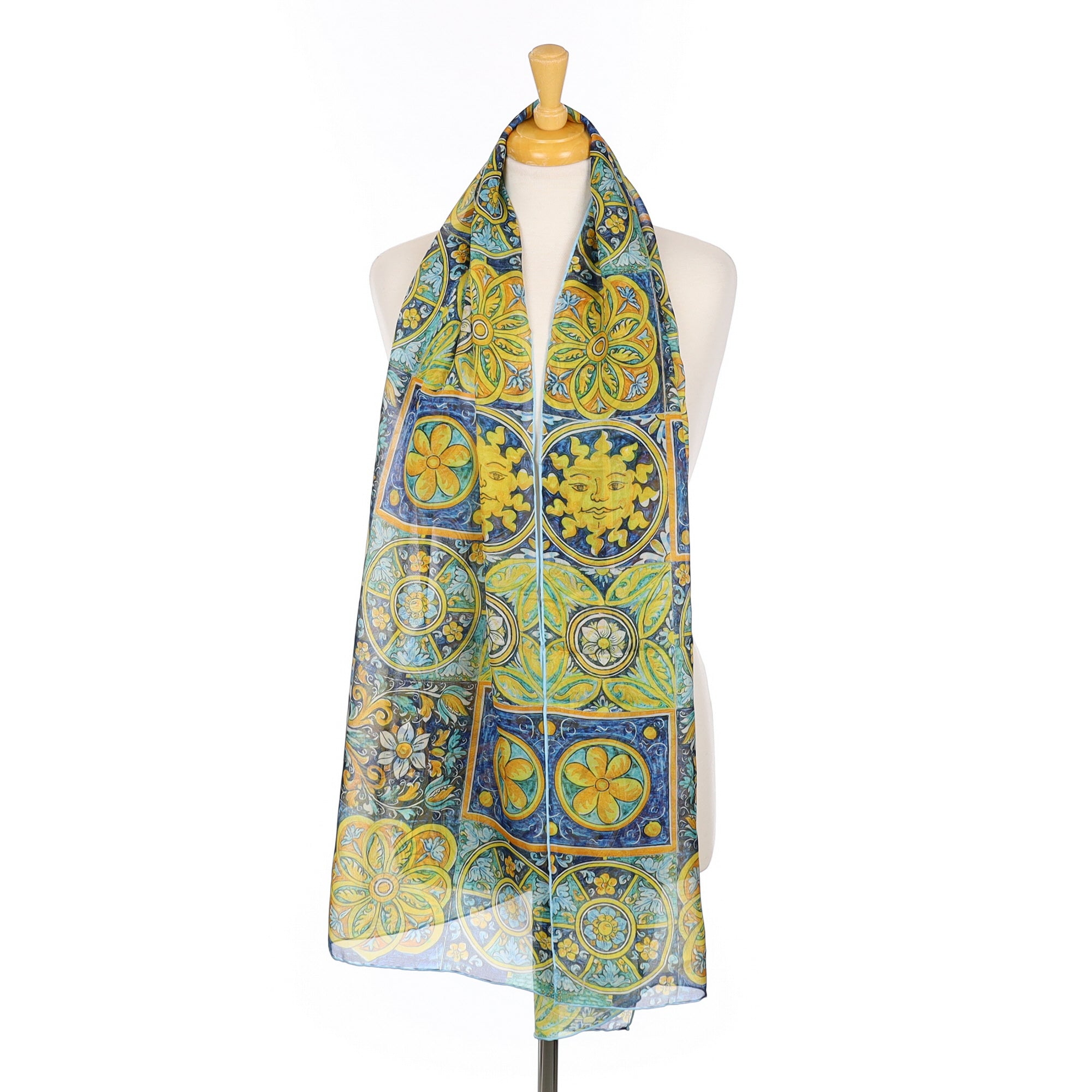 Brand New Blue and Yellow Patterned Silk Scarf