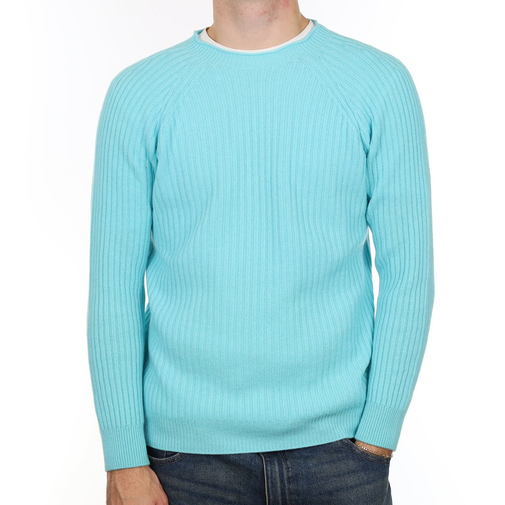 Men’s Brand New Scottish Aqua Ribbed Cashmere Crew Neck Jumper Medium