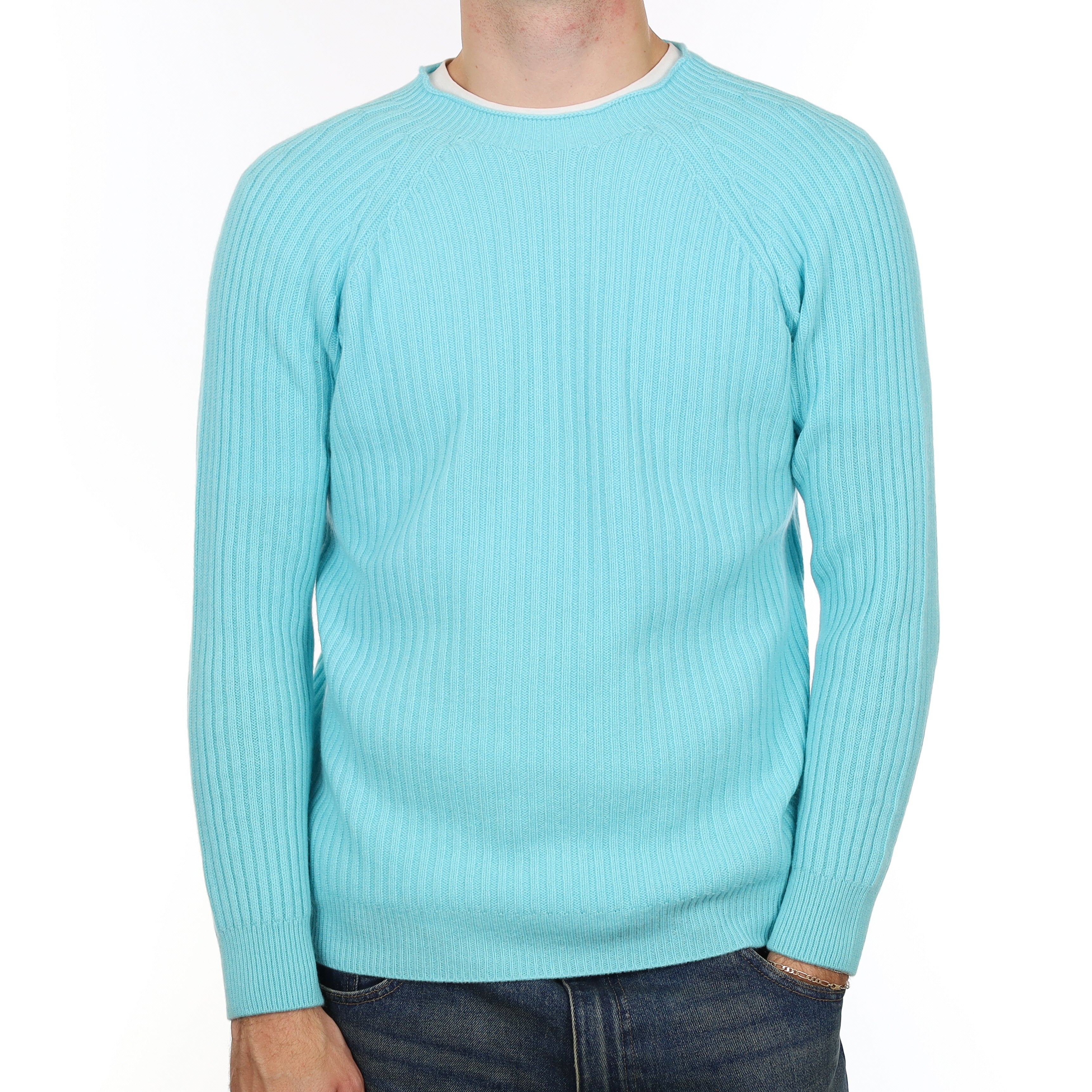 Men’s Brand New Scottish Aqua Ribbed Cashmere Crew Neck Jumper Medium