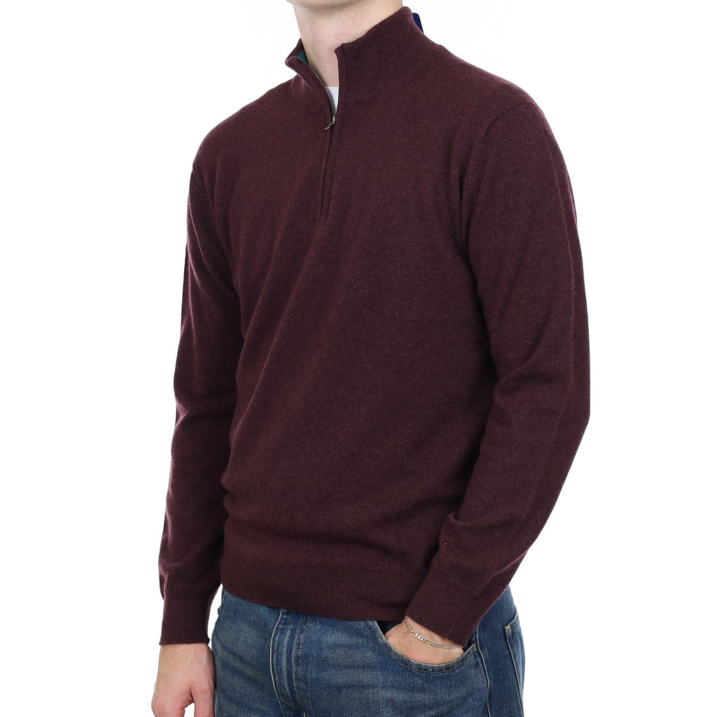 Men’s Brand New Scottish Aubergine Purple Cashmere 1/4 Zip Jumper Medium