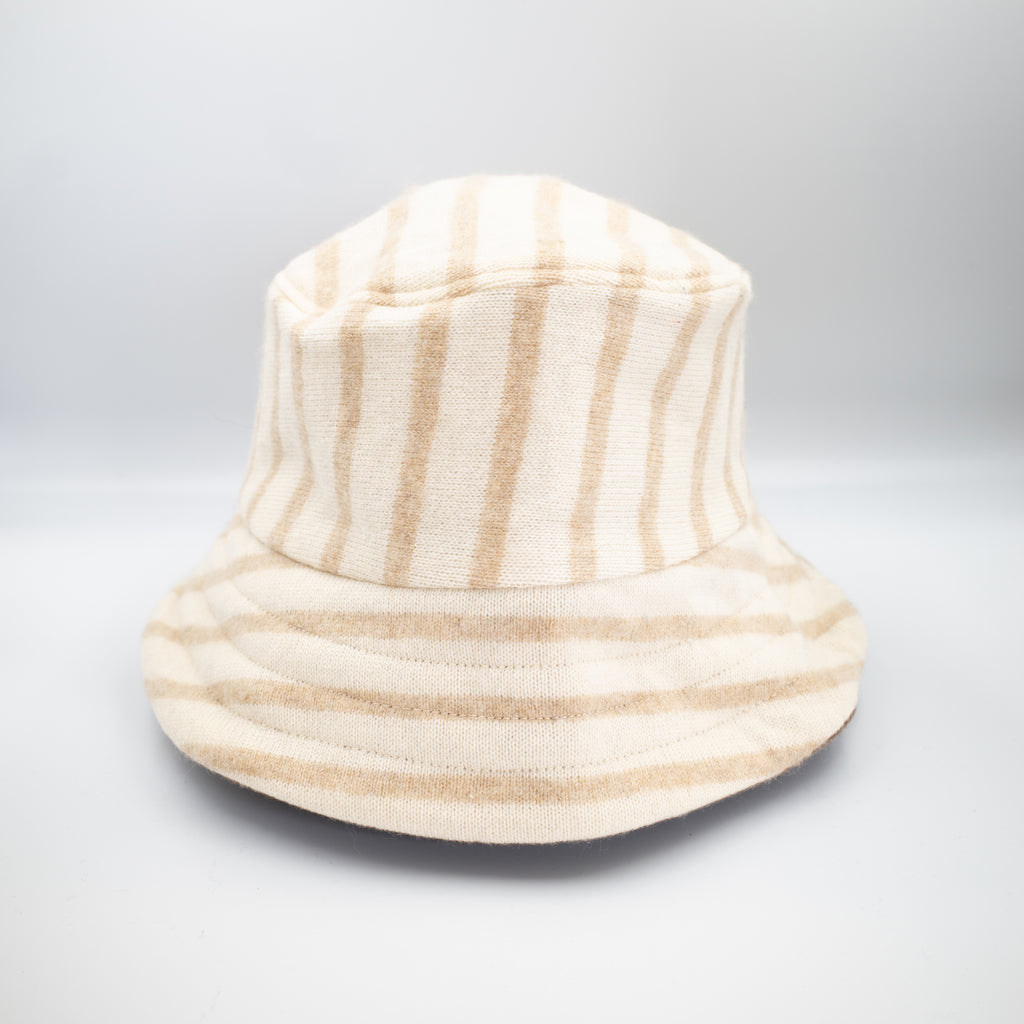 Oatmeal Beige Striped Reversible Cashmere Bucket Hat Large