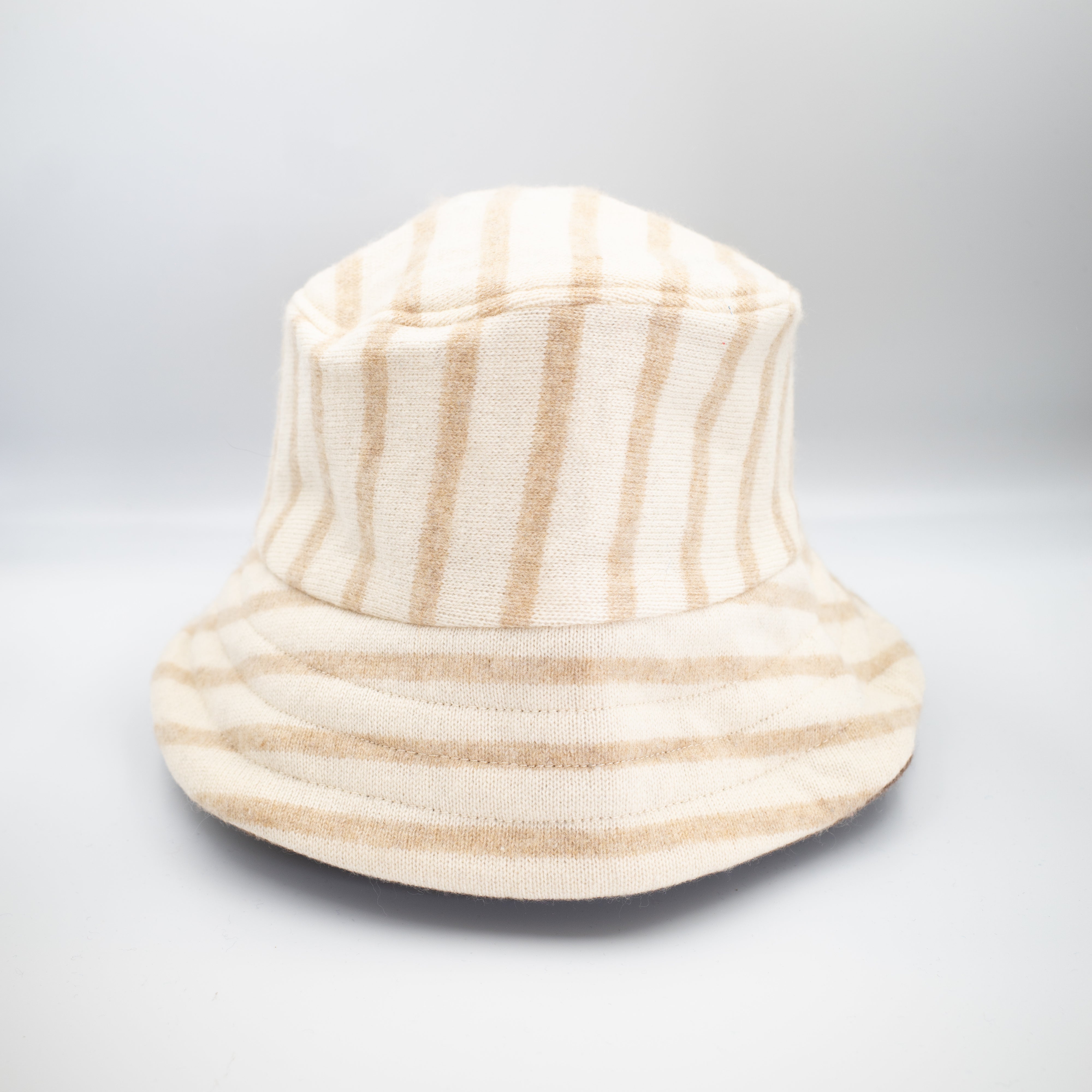 Oatmeal Beige Striped Reversible Cashmere Bucket Hat Large