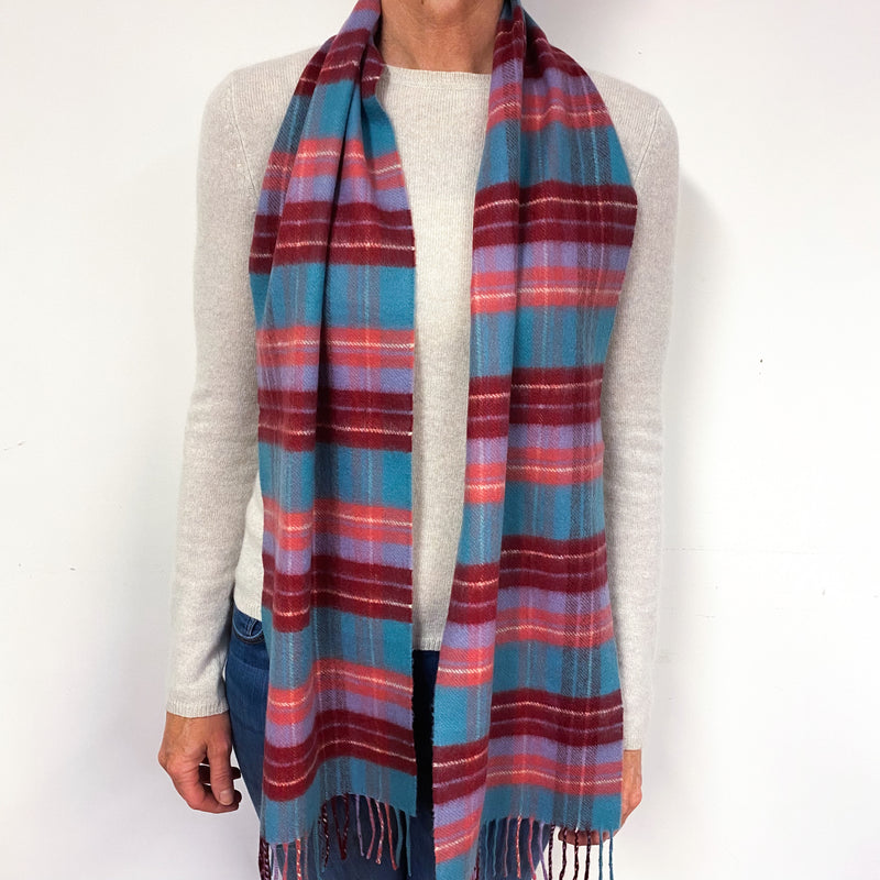 Aqua Red and Pink Checked Fringed Cashmere Woven Scarf