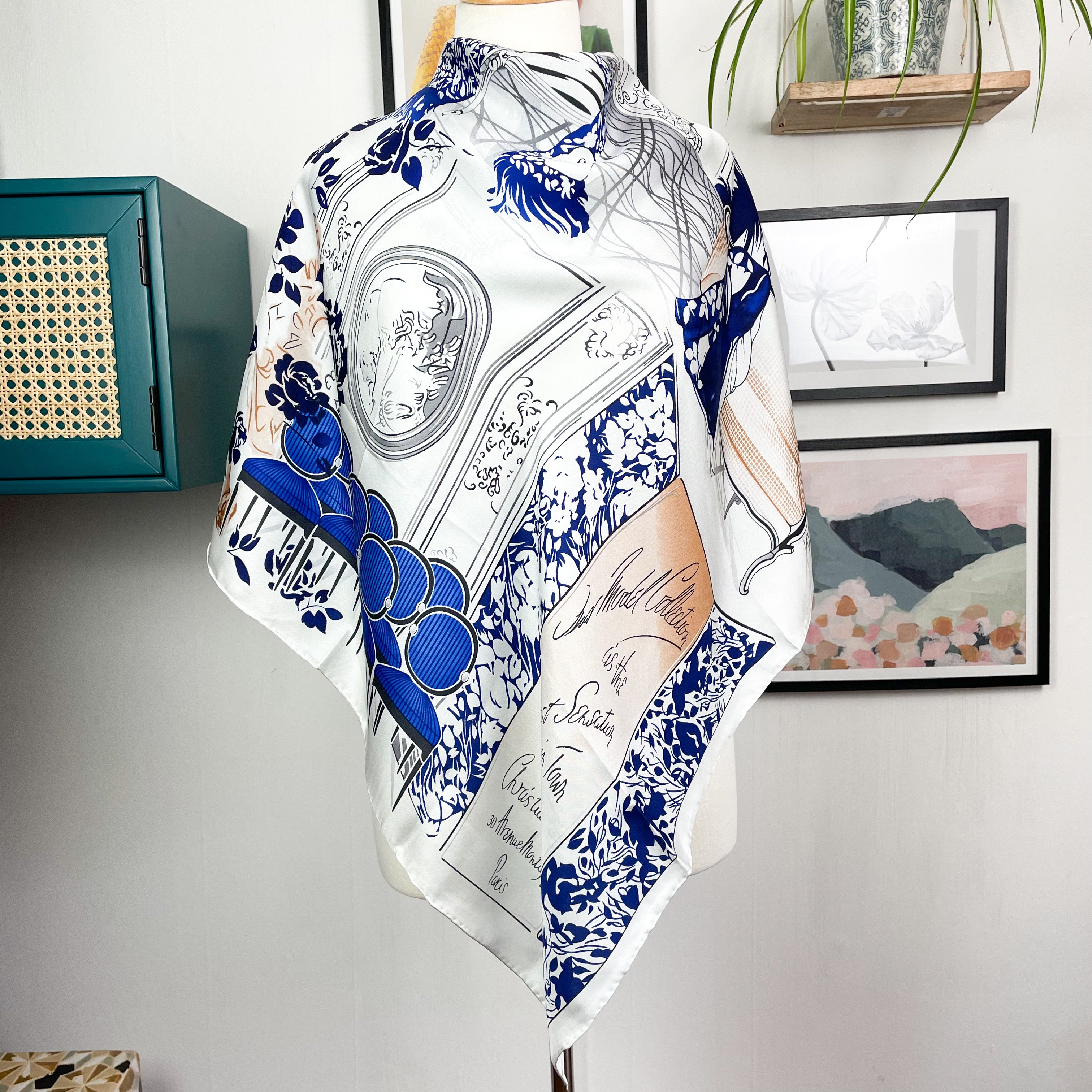 Large Navy & White Twill Silk Scarf