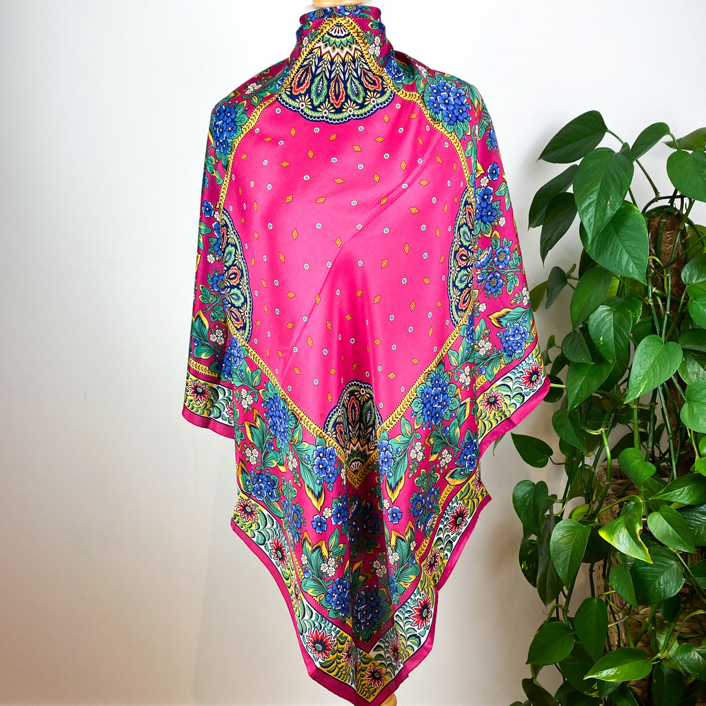 Large Pink Floral Vintage Silk Scarf