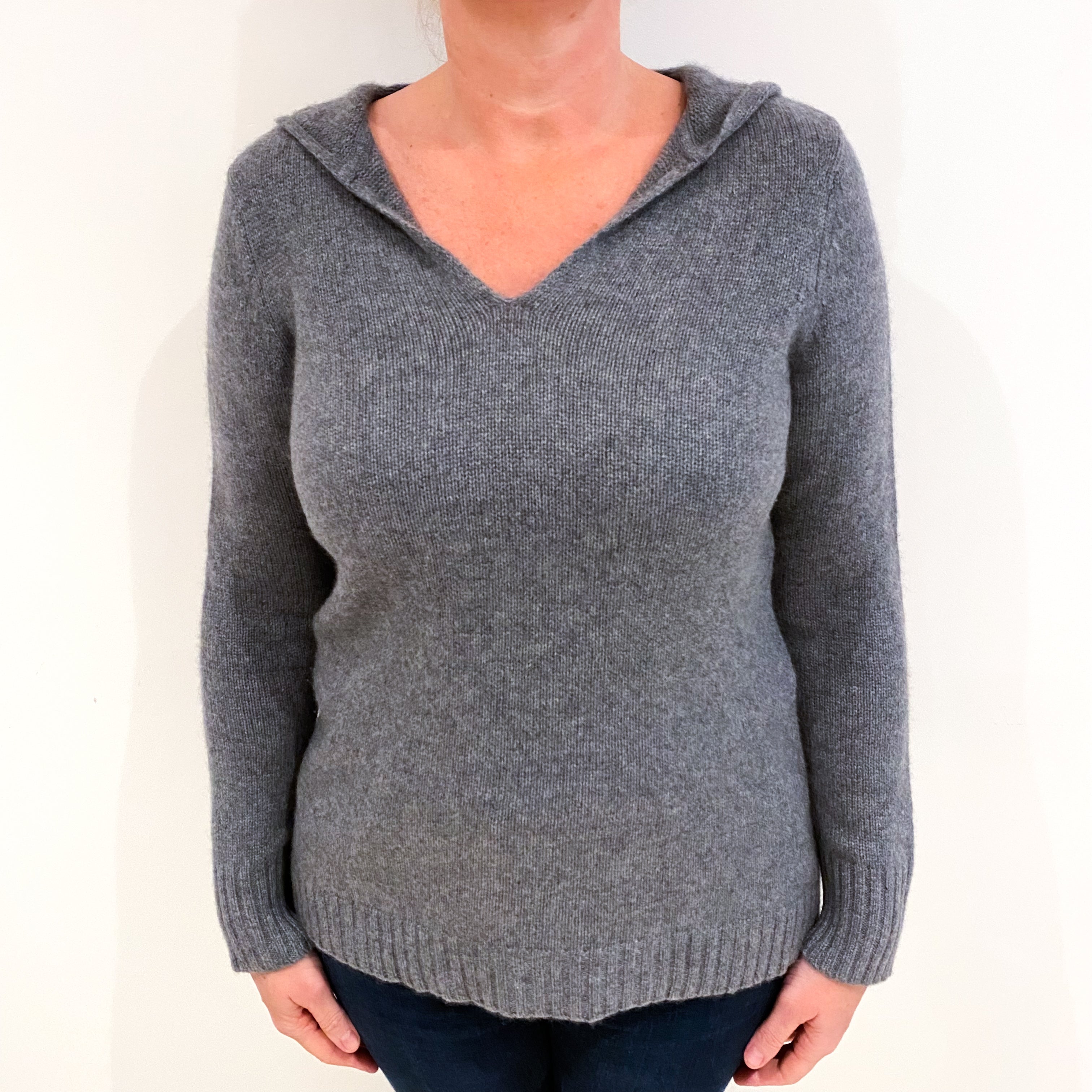 Ash Grey Cashmere Notch Neck Hoodie Jumper Large