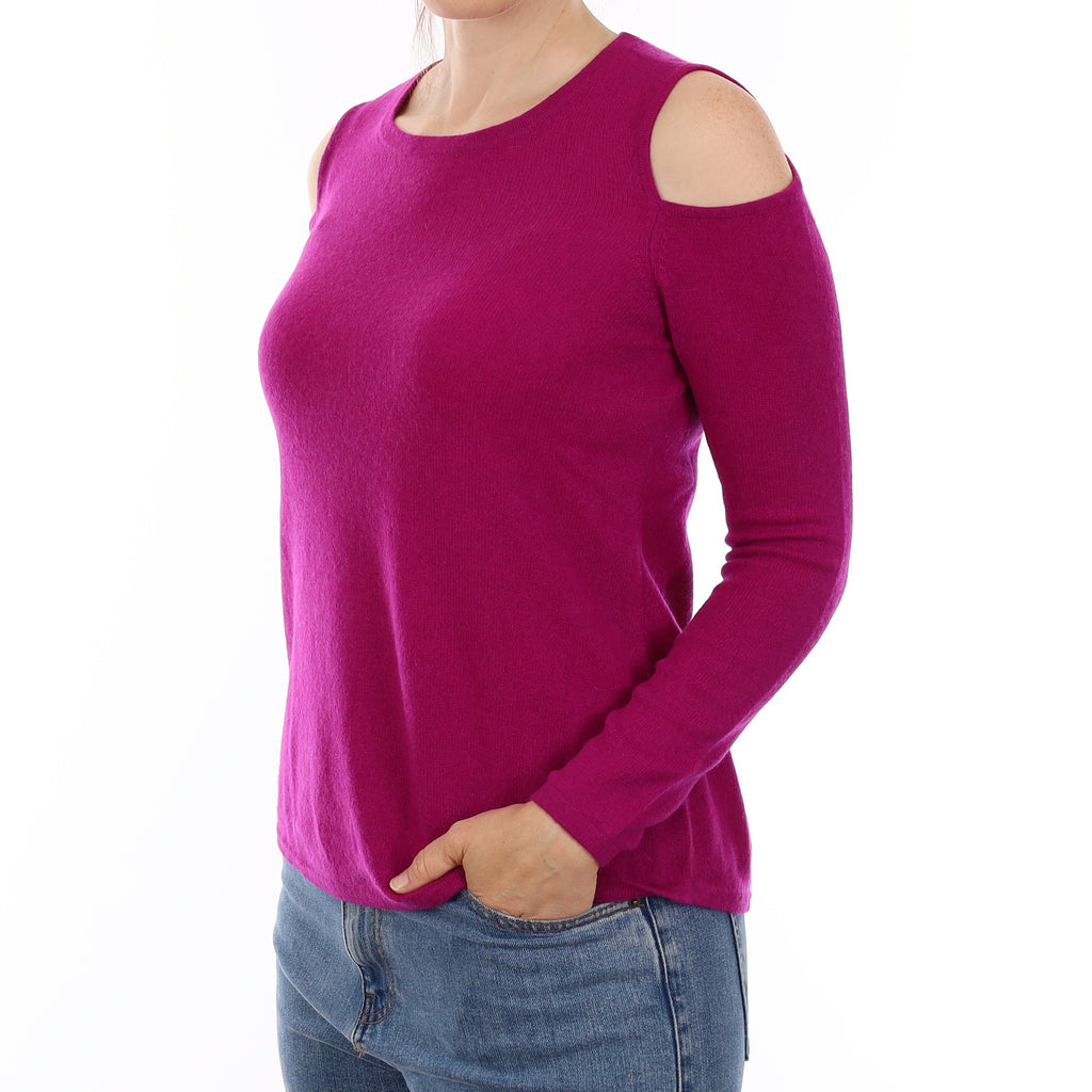 Magenta Pink Cashmere Cold Shoulder Crew Neck Jumper Small