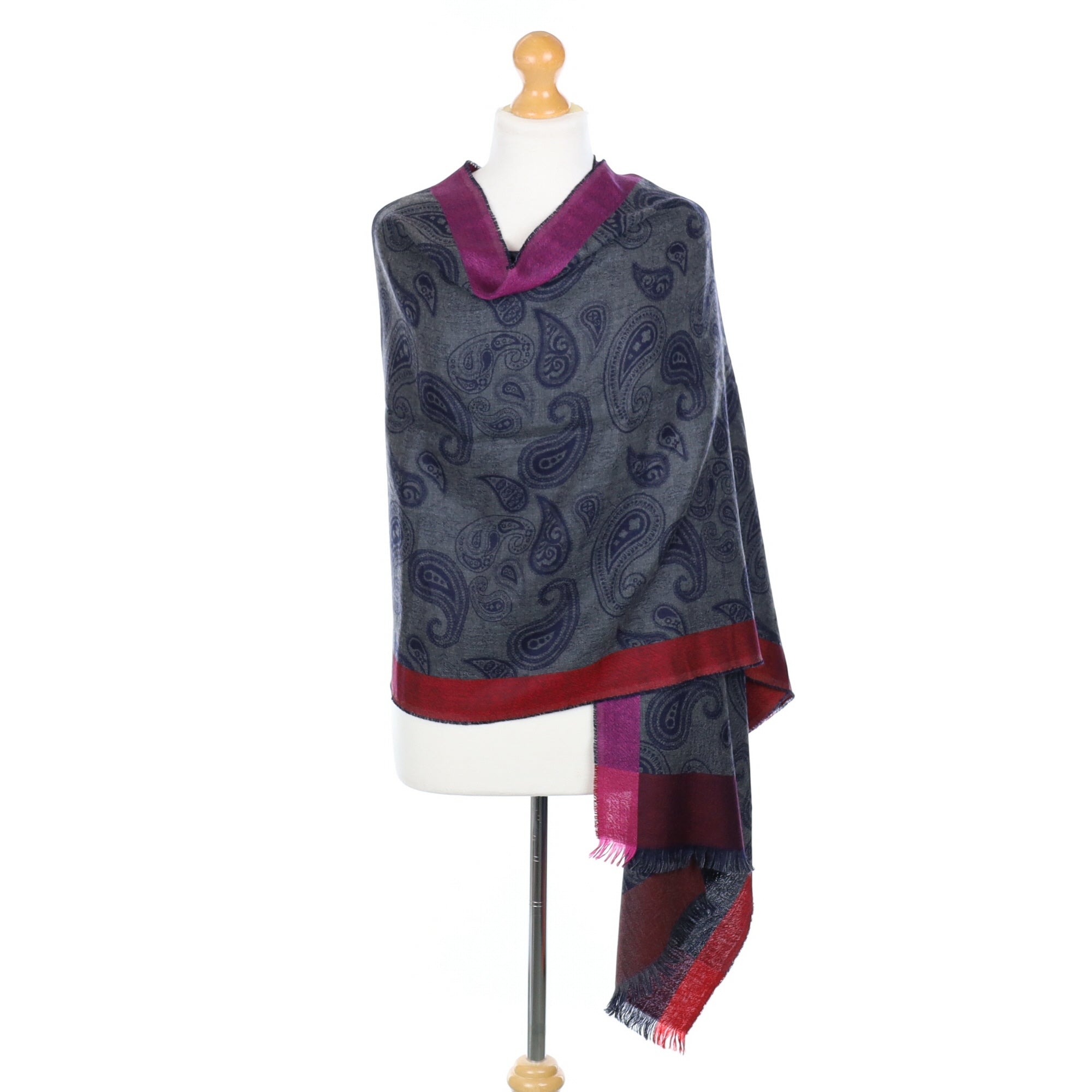 Scottish Begg & Co Navy and Grey Paisley Patterned Fine Woven Cashmere & Silk Wrap