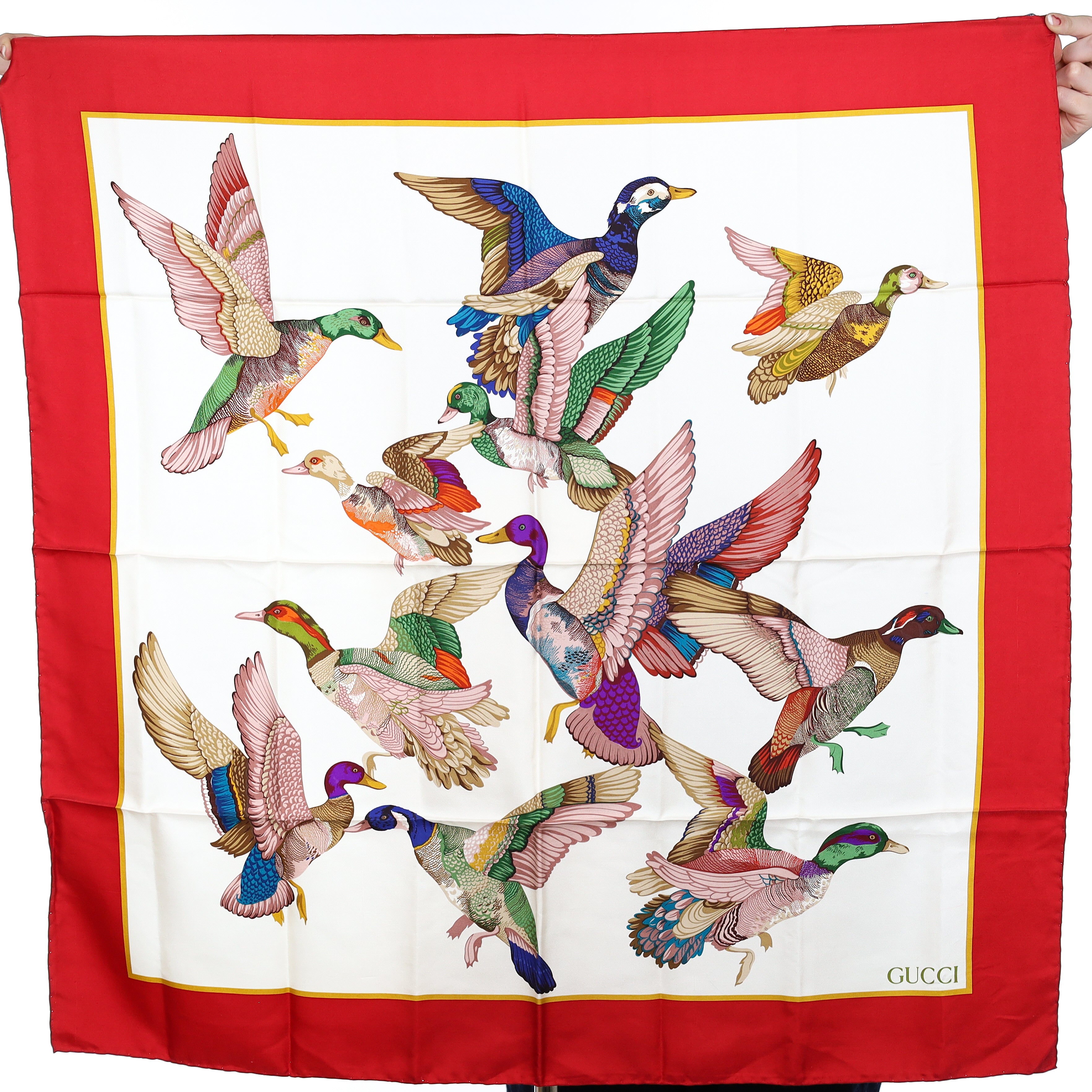 Brand New Gucci Red Ducks In Flight Vintage Silk Scarf