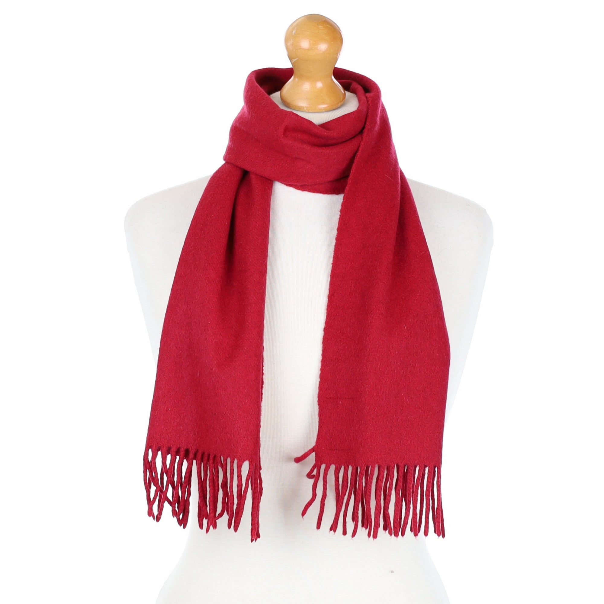 Cherry Red Cashmere Fringed Woven Scarf