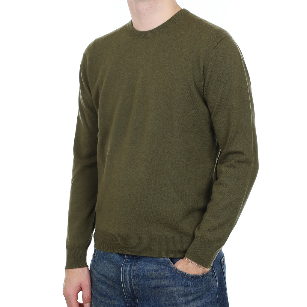 Men’s Brand New Scottish Khaki Green Cashmere Crew Neck Jumper Medium