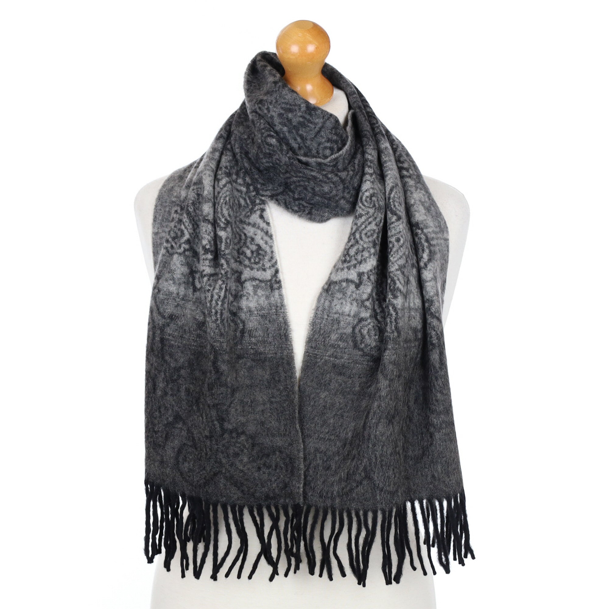 Dark Grey Paisley Fringed Cashmere Woven Scarf