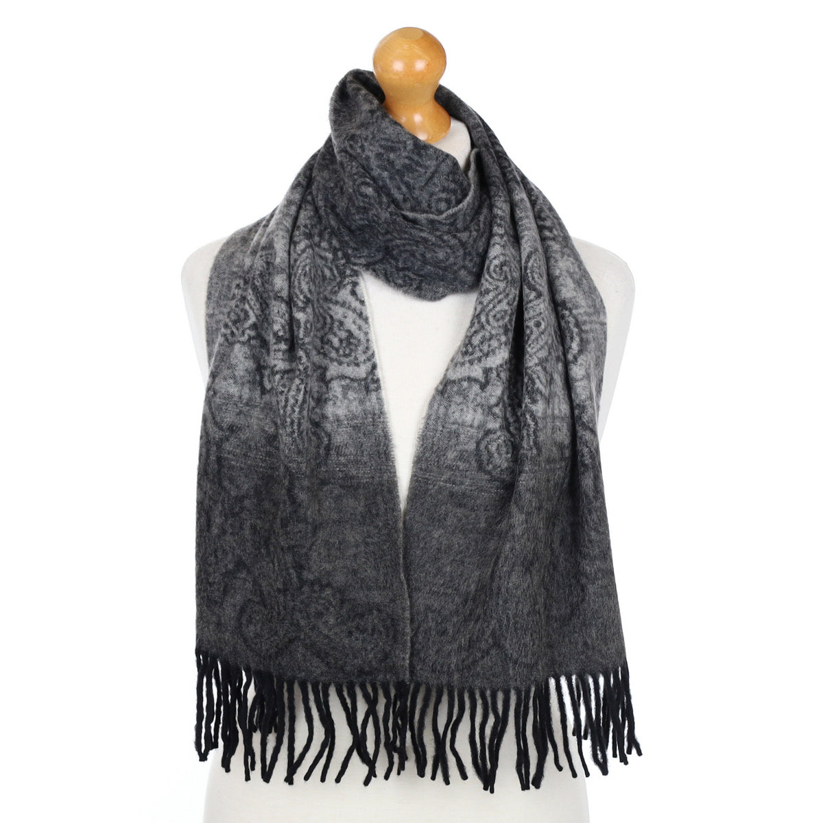 Dark Grey Paisley Fringed Cashmere Woven Scarf