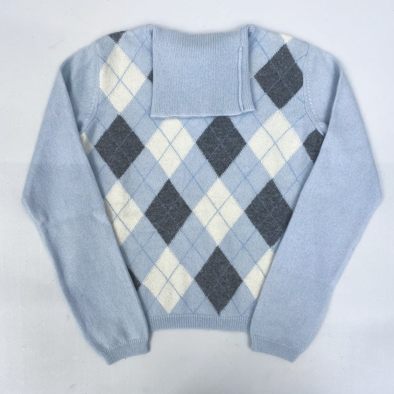 Children’s Ice Blue and Grey Argyle Cashmere Polo Neck Jumper Age 4-6