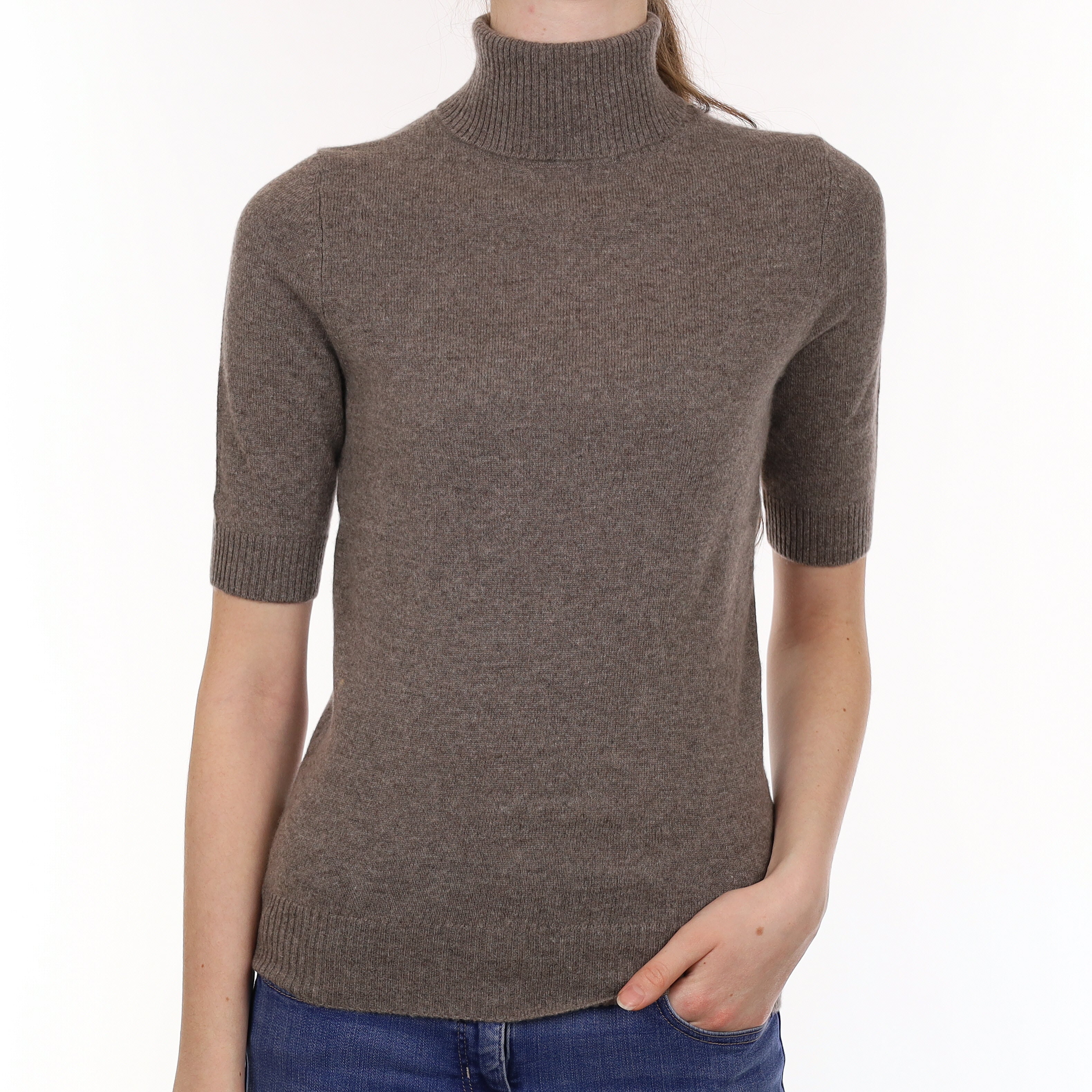 Mocha Brown Cashmere Short Sleeved Polo Neck Jumper Extra Small