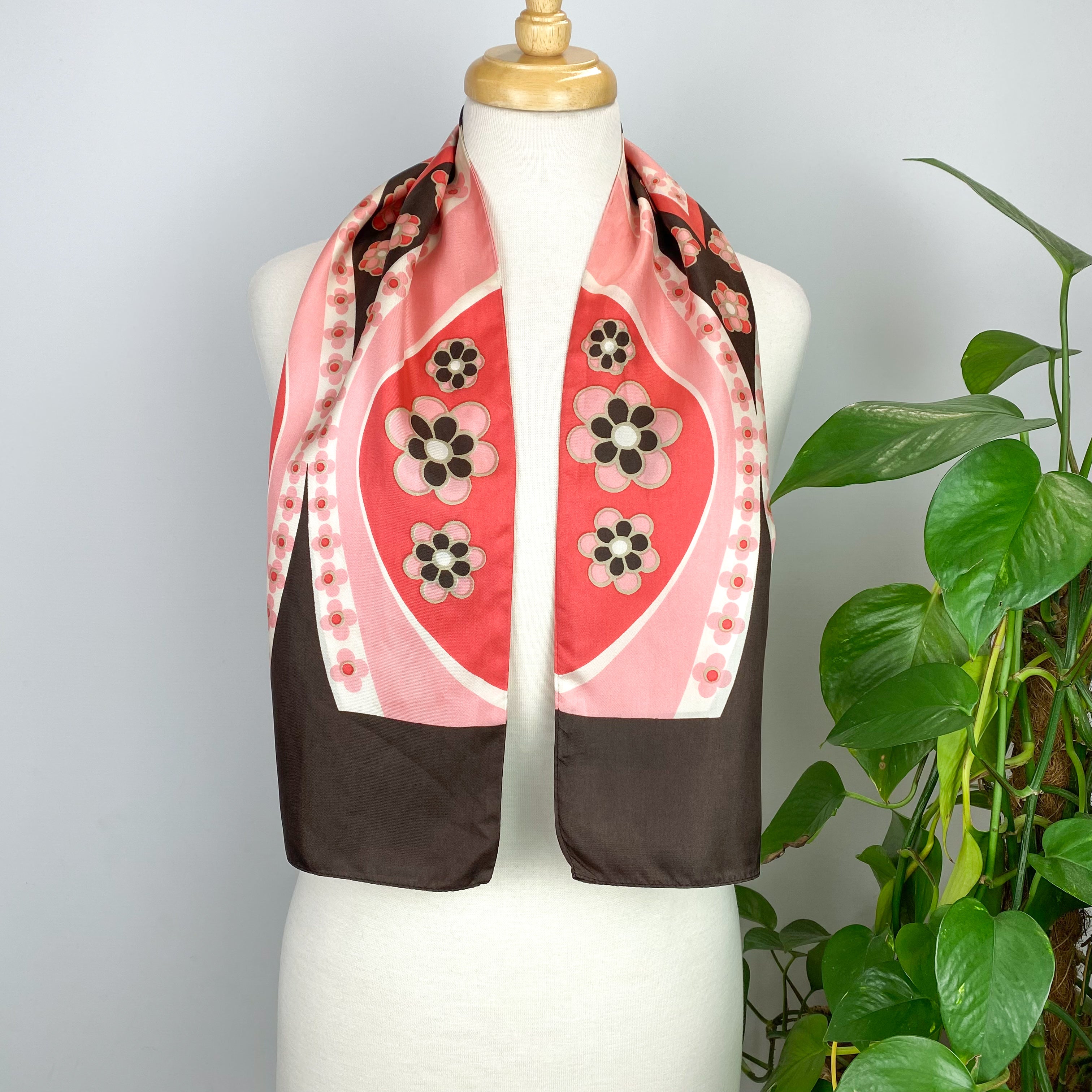 Vintage Dark Brown and Coral Long Silk Scarf