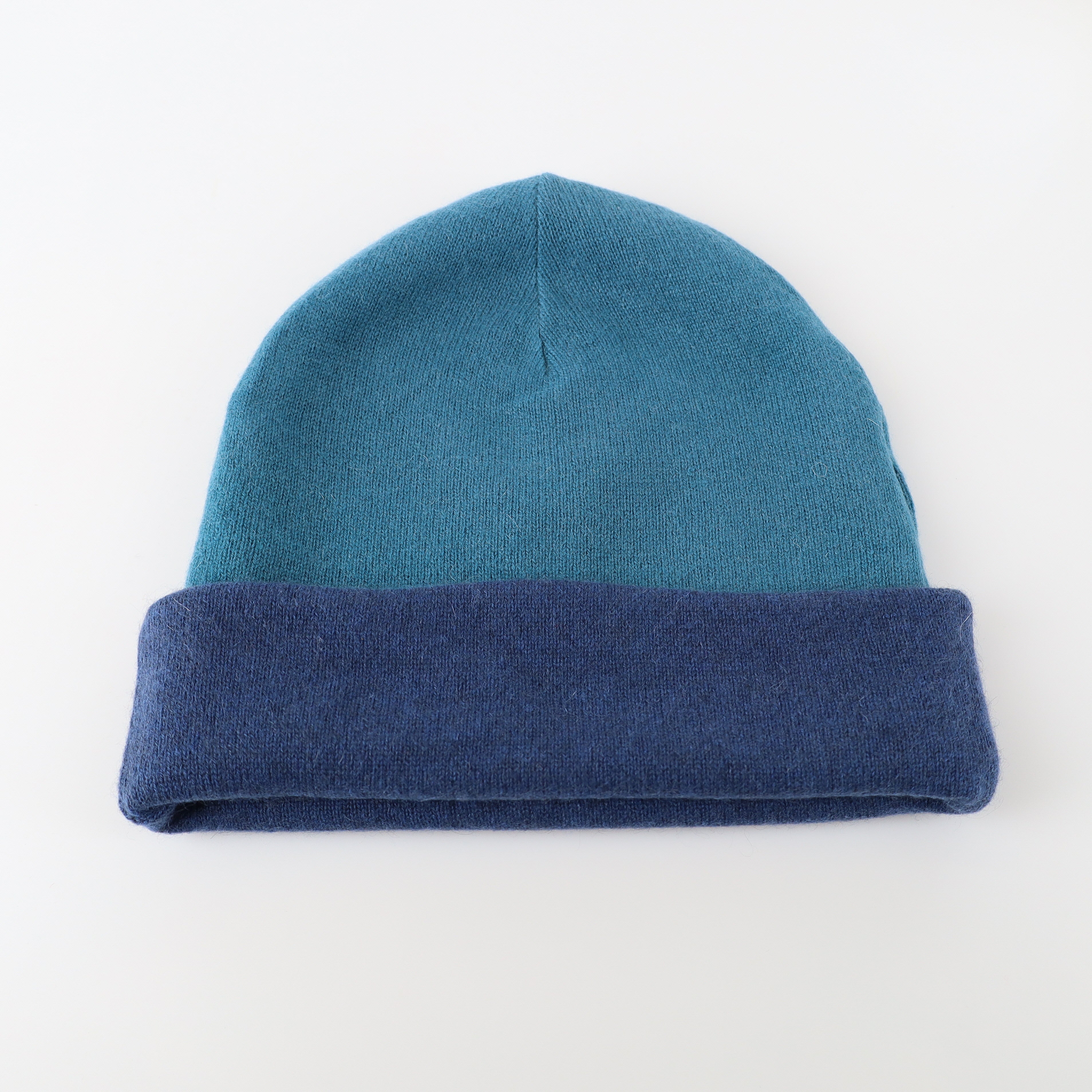 Naval Blue and Ocean Green Reversible Cashmere Beanie Hat