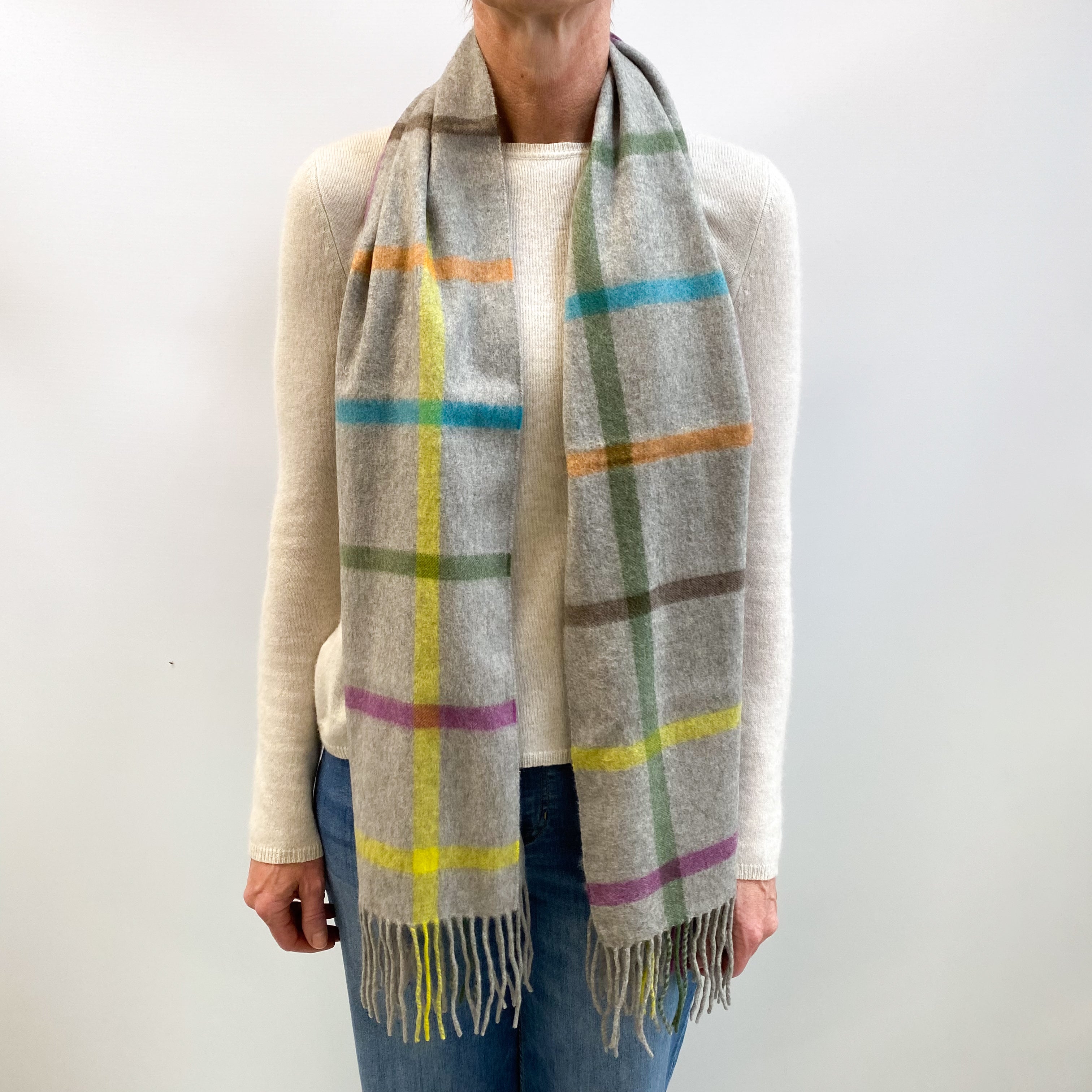 Smoke Grey Checked Fringed Cashmere Woven Scarf