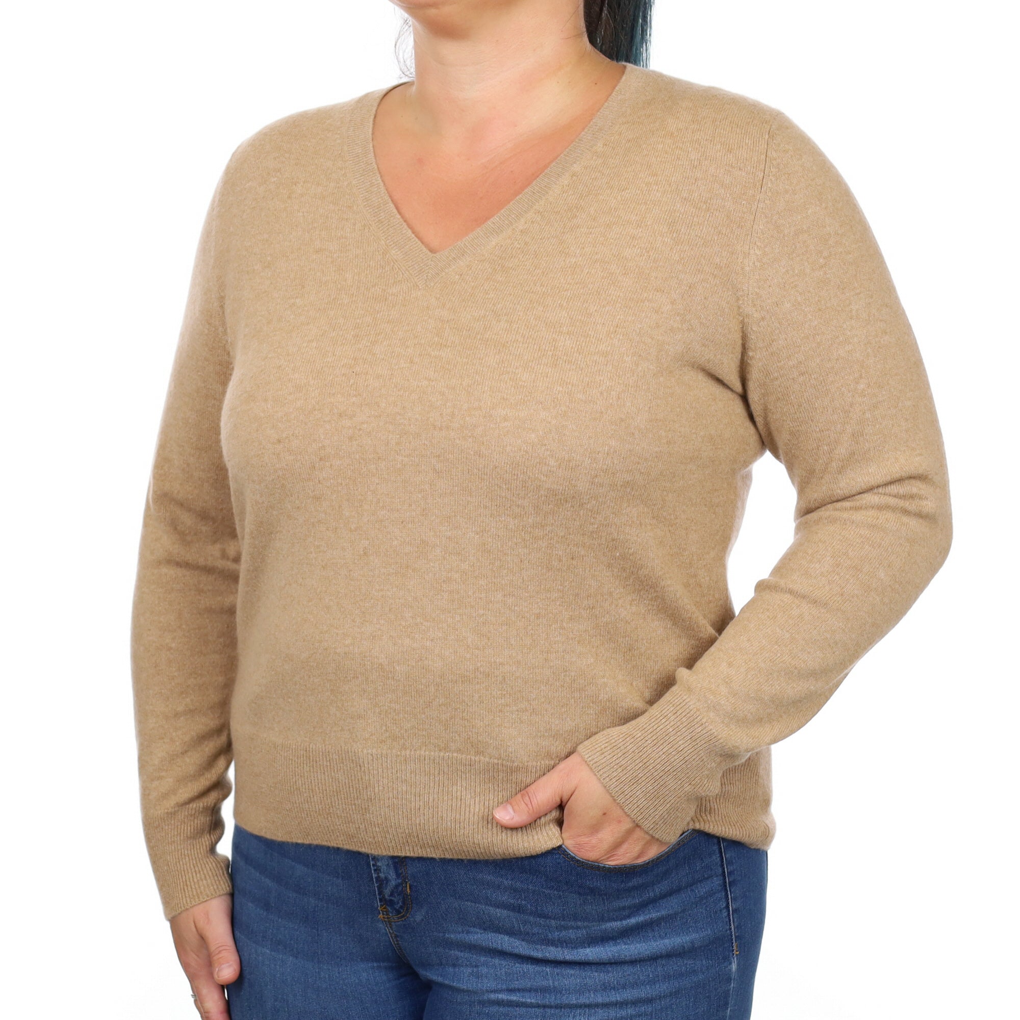 Caramel Brown Cashmere V Neck Jumper Large