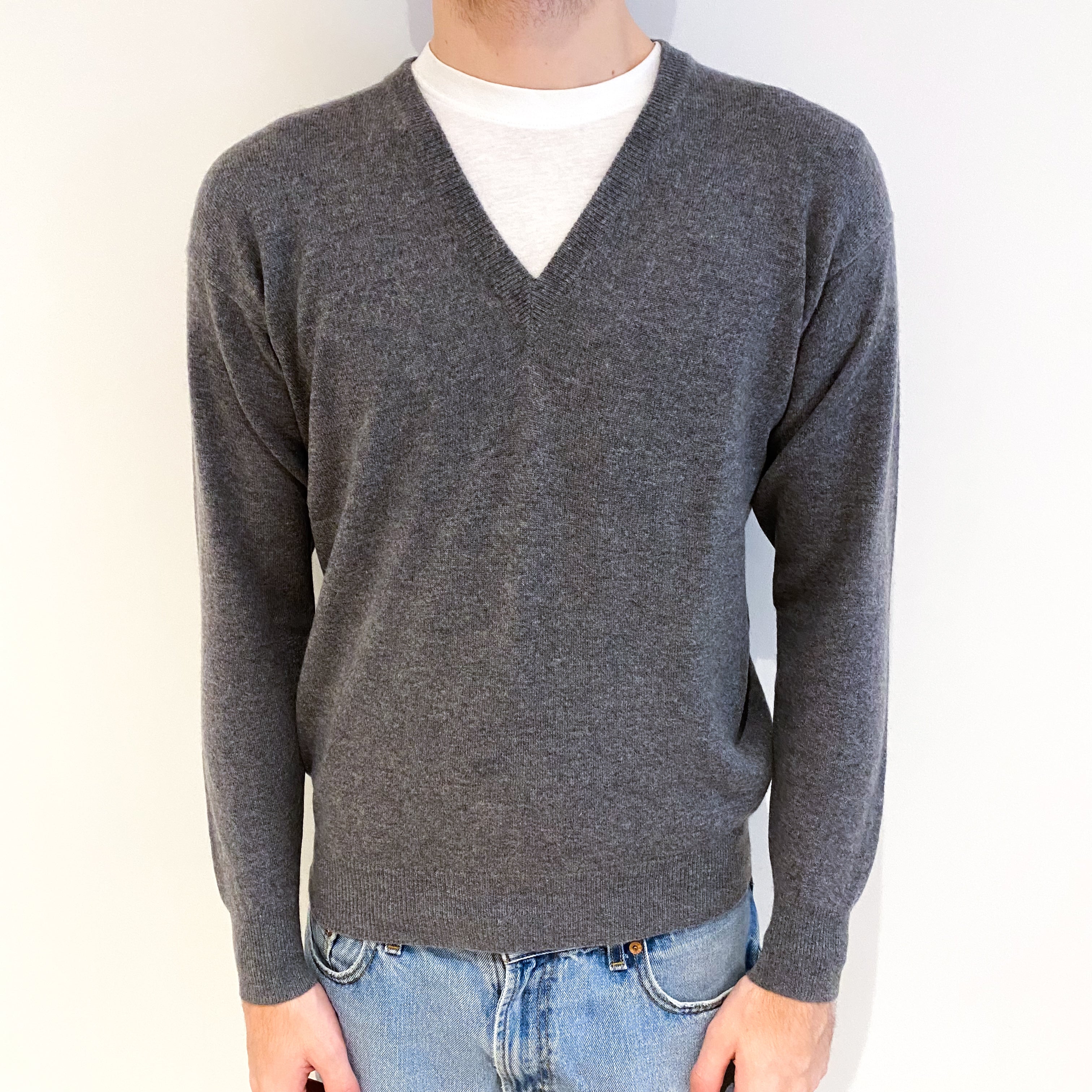 Men's Slate Grey Cashmere V Neck Jumper Large