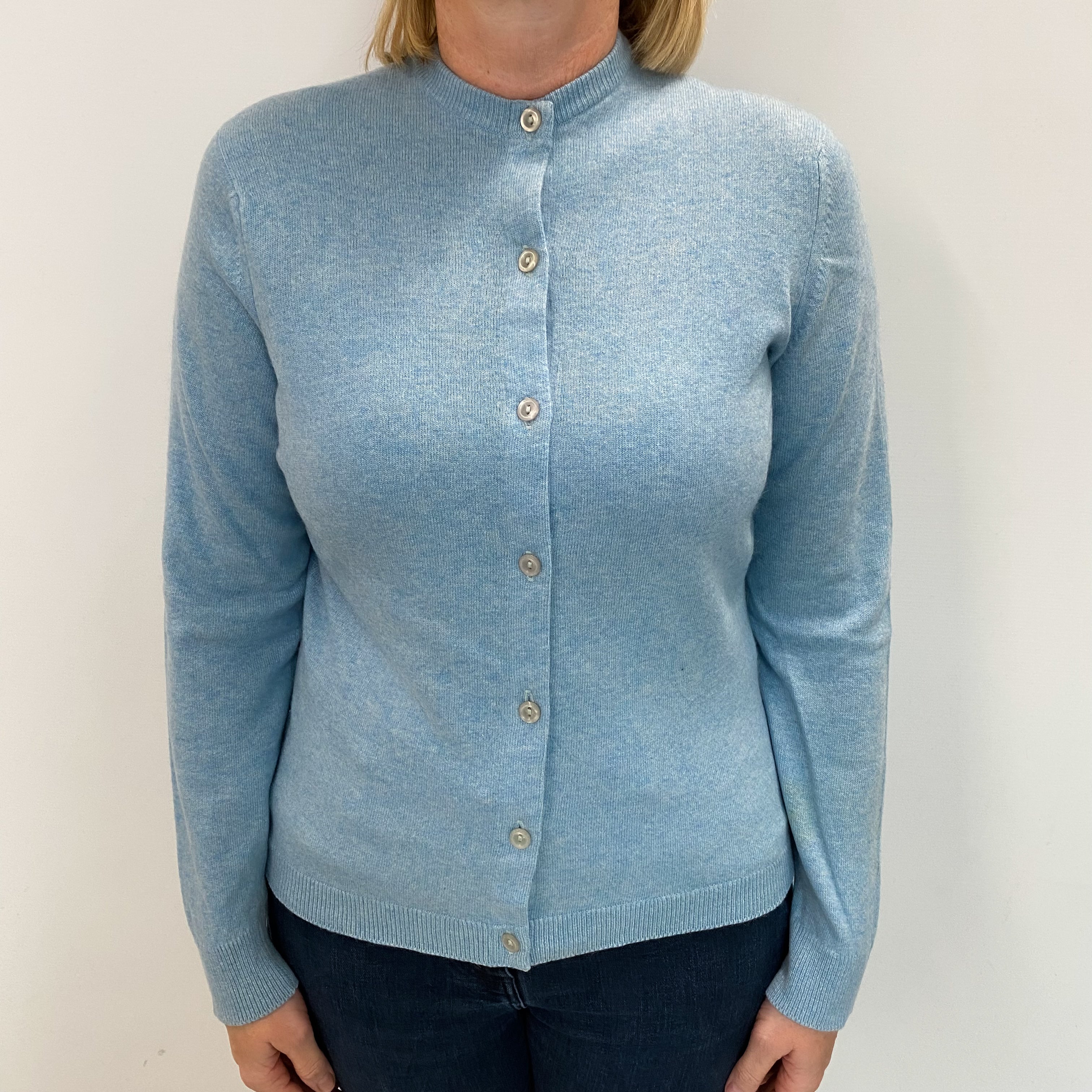 Vintage Scottish Pringle Opal Blue Cashmere Cardigan Large