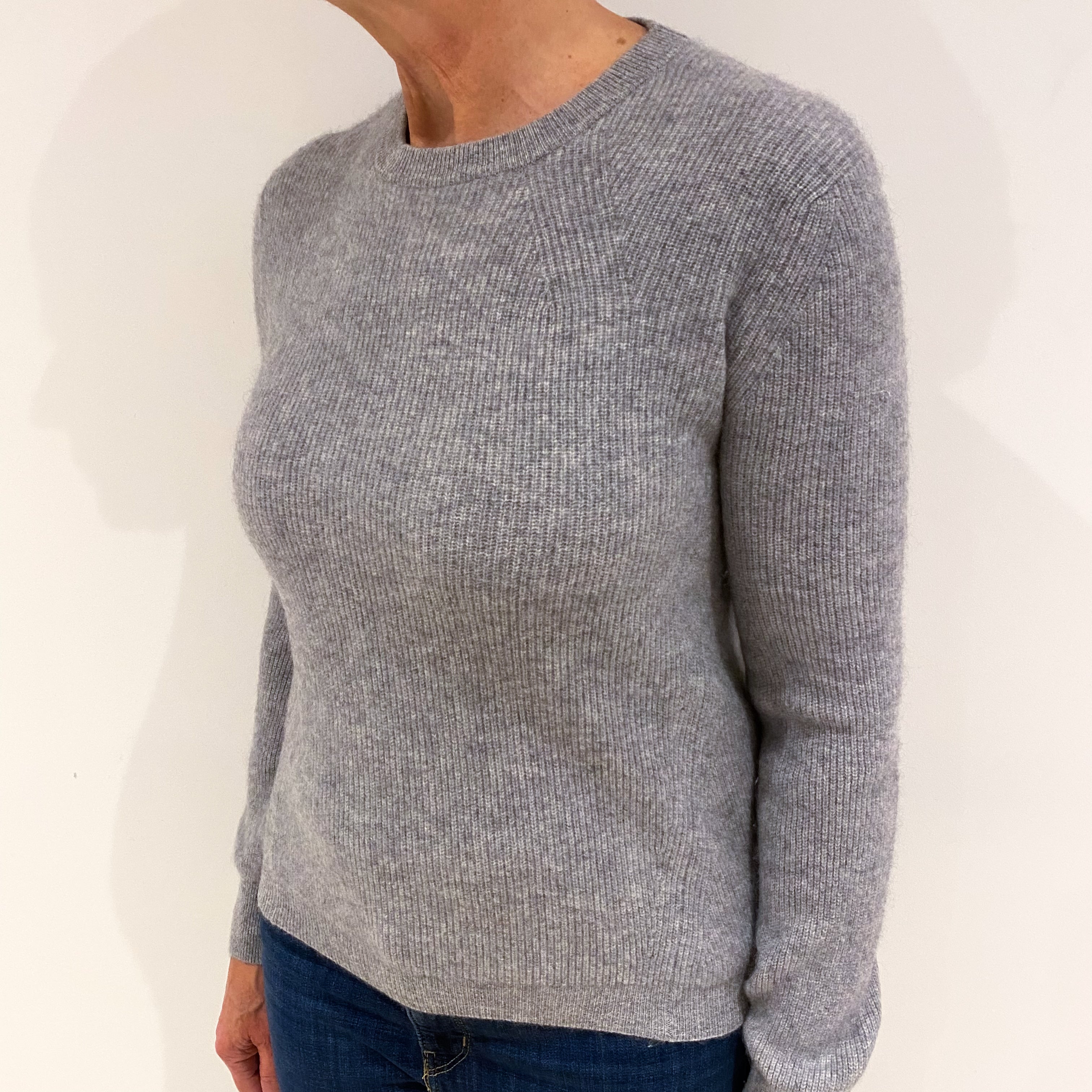 Smoke Grey Ribbed Heavy Knit Cashmere Crew Neck Jumper Medium