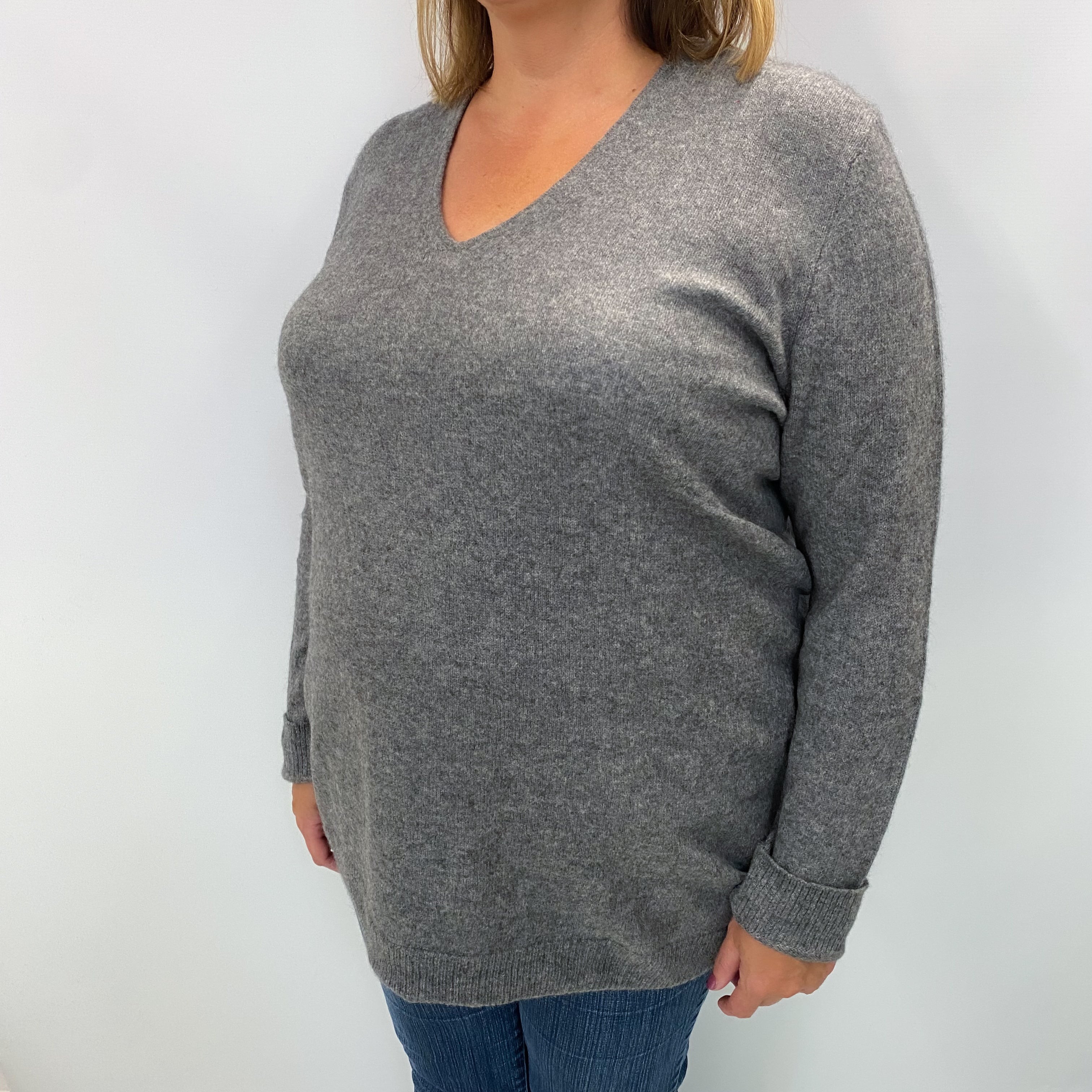 Slate Grey Cashmere V Neck Jumper Extra Large