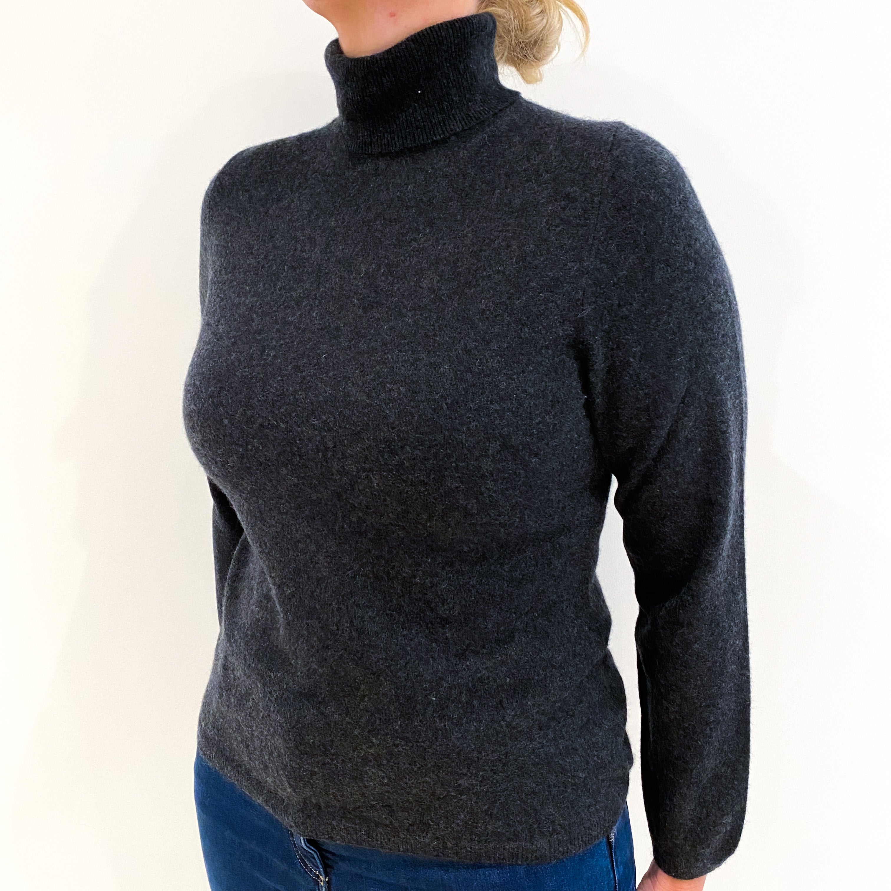 Charcoal Grey Cashmere Polo Neck Jumper Large